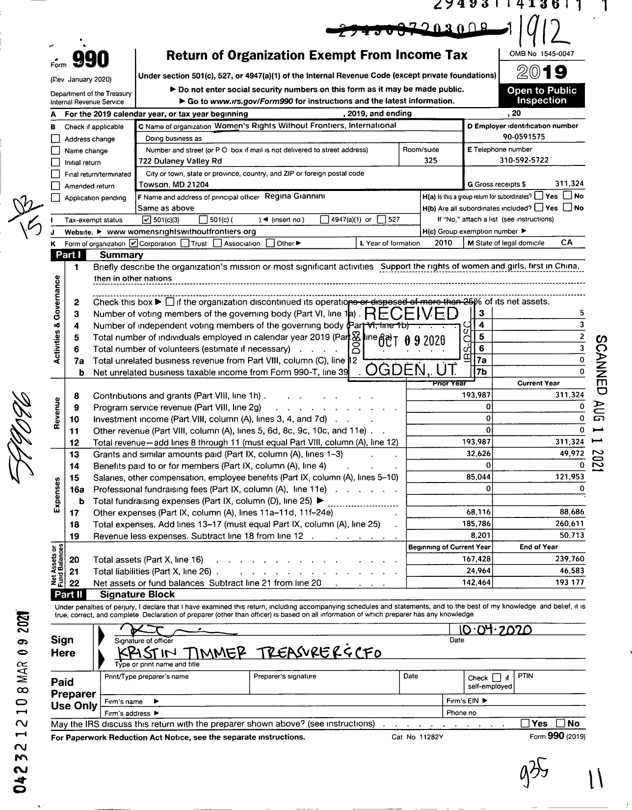 Image of first page of 2019 Form 990 for Women's Rights Without Frontiers International