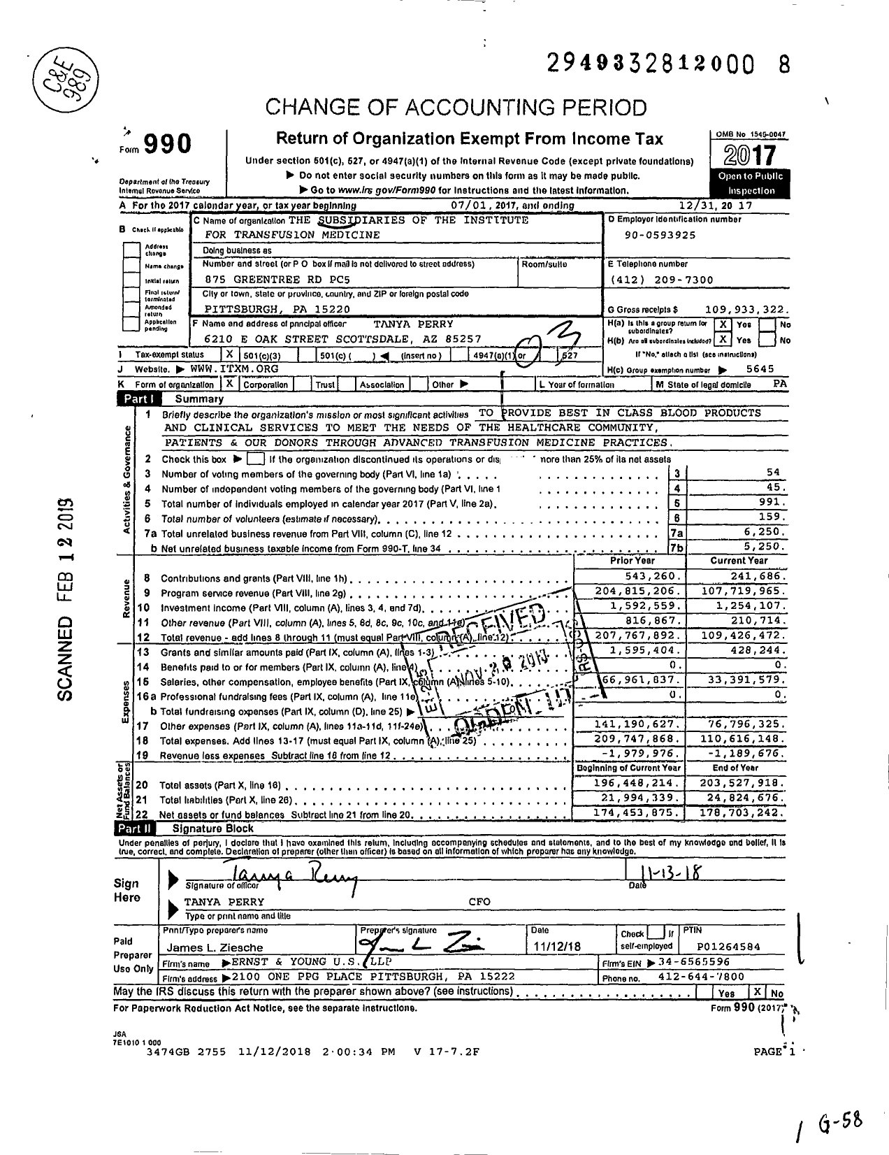 Image of first page of 2017 Form 990 for the Subsidiaries of the Institute FOR TRANSFUSION MEDICINE