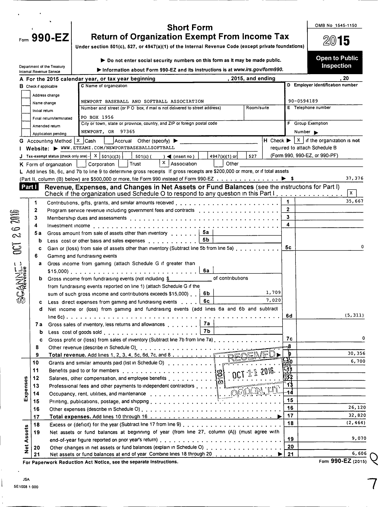 Image of first page of 2015 Form 990EZ for Newport Baseball and Softball Association