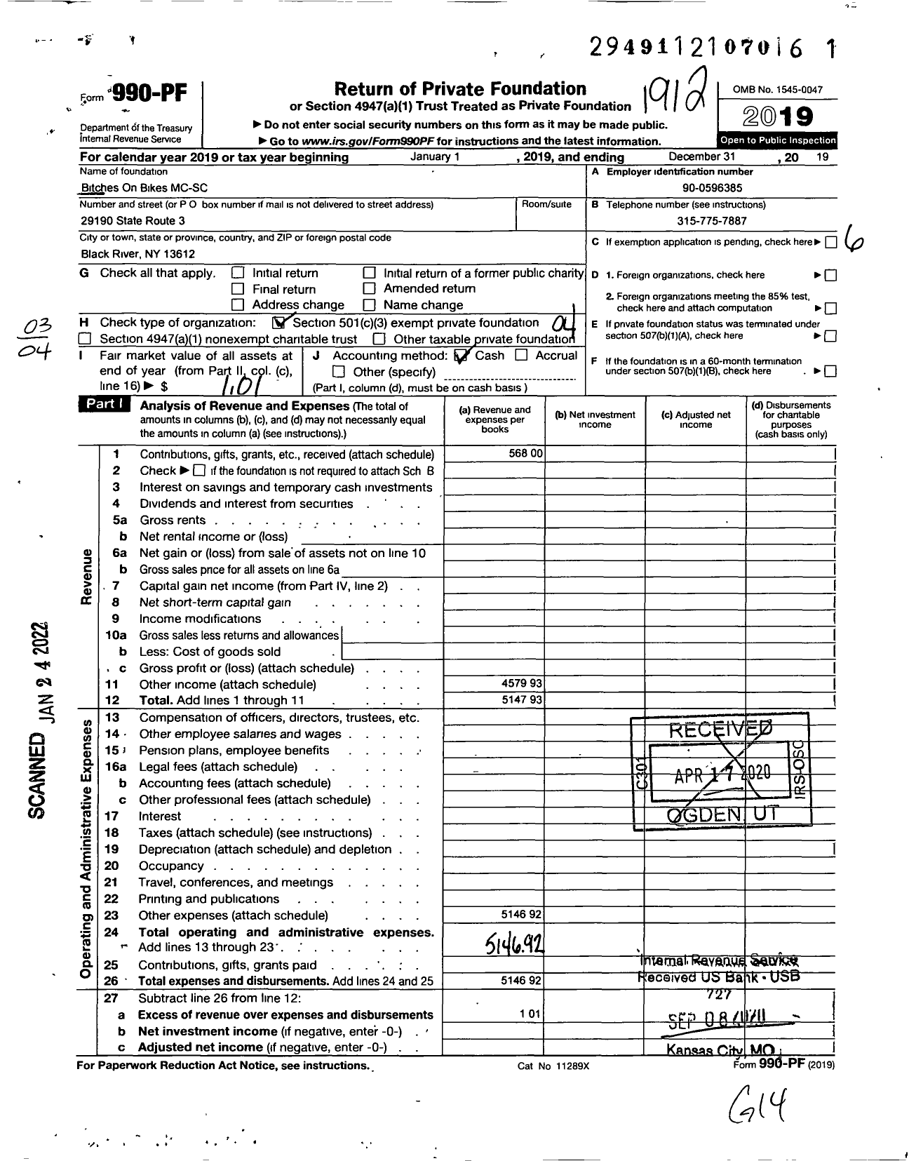 Image of first page of 2019 Form 990PF for Bitches on Bikes