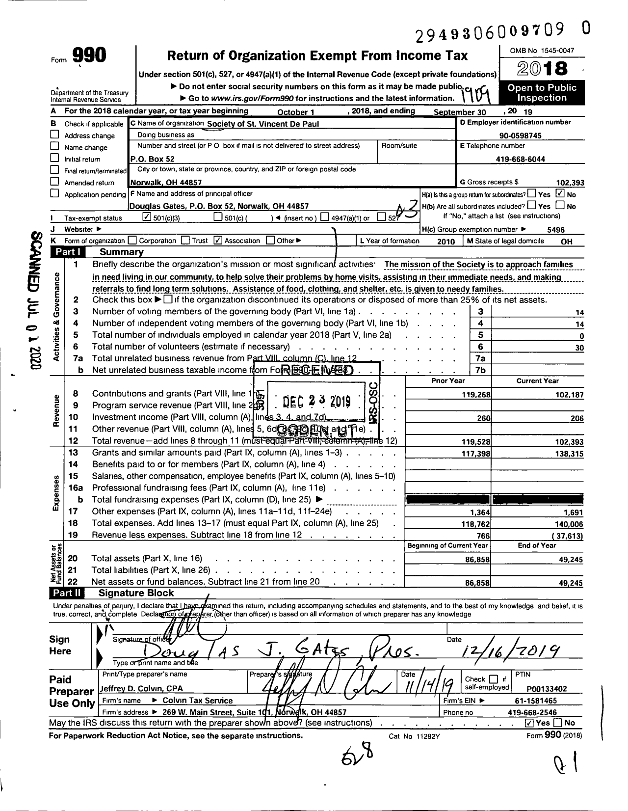 Image of first page of 2018 Form 990 for Society of St Vincent de Paul / Saint Paul the Apostle Conference