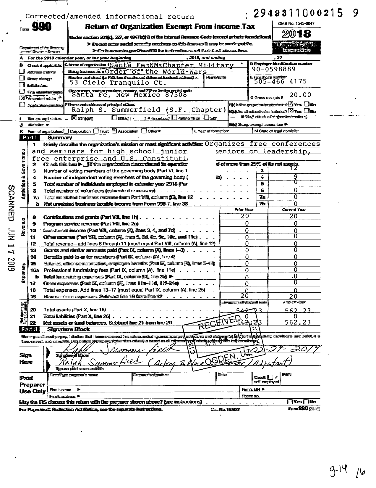 Image of first page of 2018 Form 990 for Military Order of the World Wars / Santa Fe NM Chapter