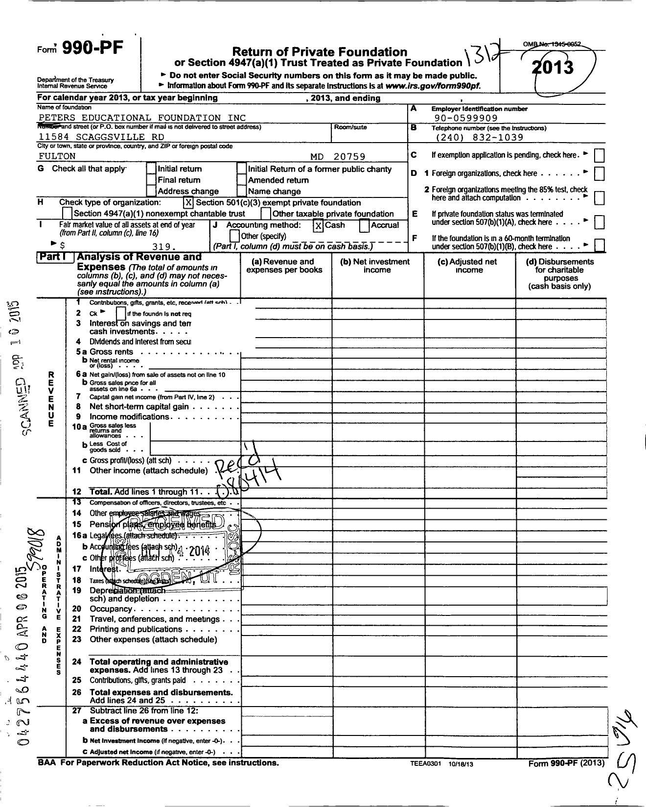 Image of first page of 2013 Form 990PF for Peters Educational Foundation