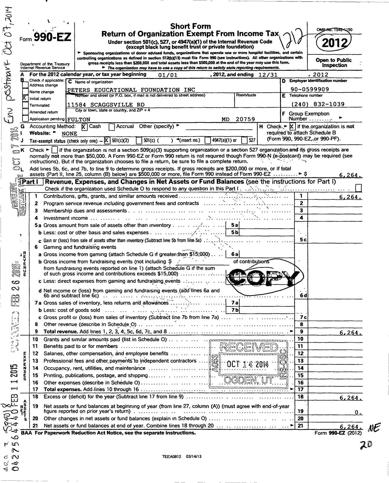 Image of first page of 2012 Form 990EZ for Peters Educational Foundation
