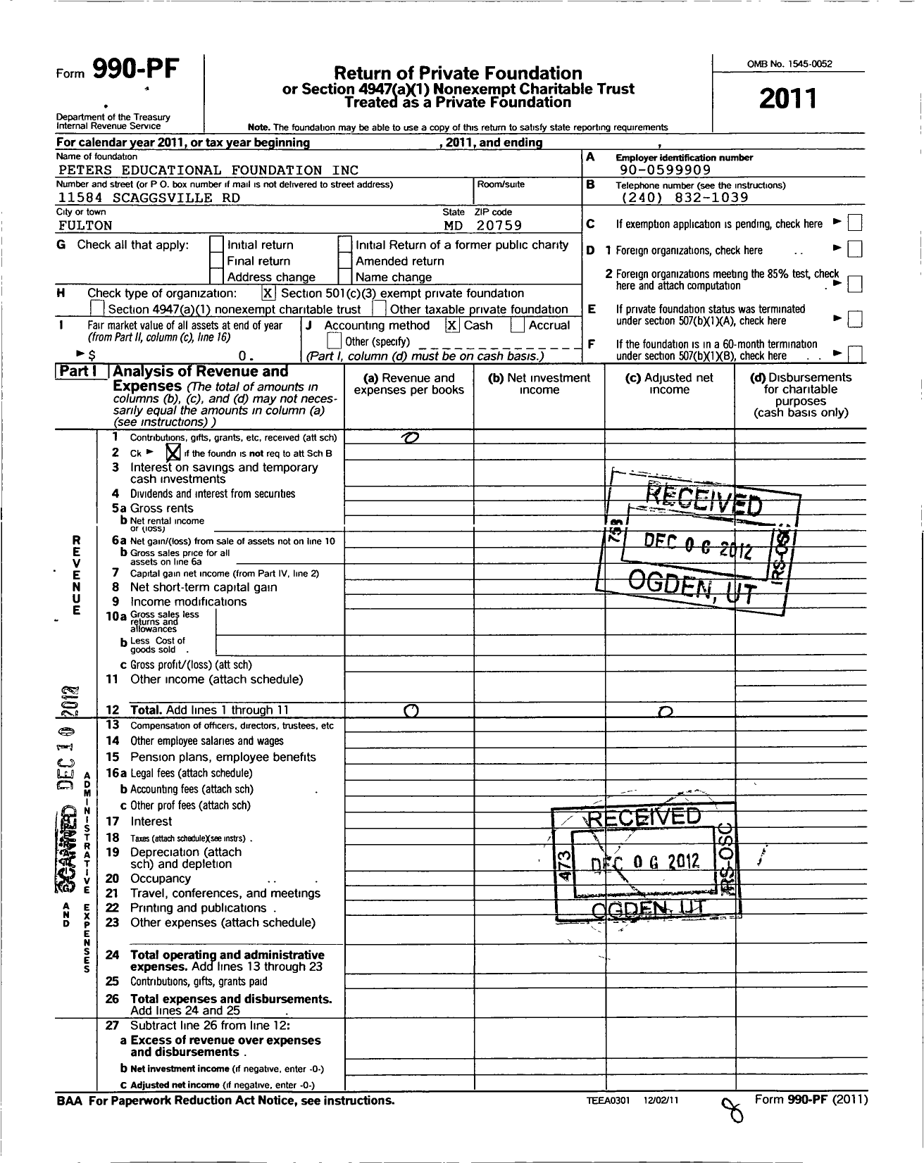 Image of first page of 2011 Form 990PF for Peters Educational Foundation