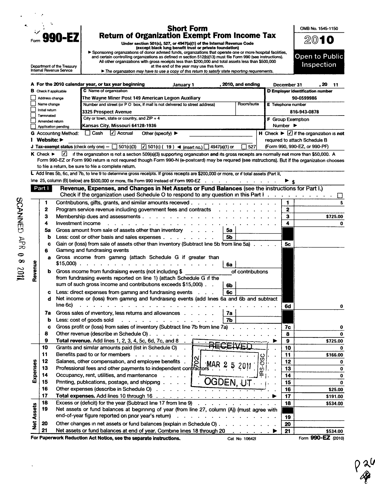 Image of first page of 2010 Form 990EO for American Legion Auxiliary - 149 Wayne Miner