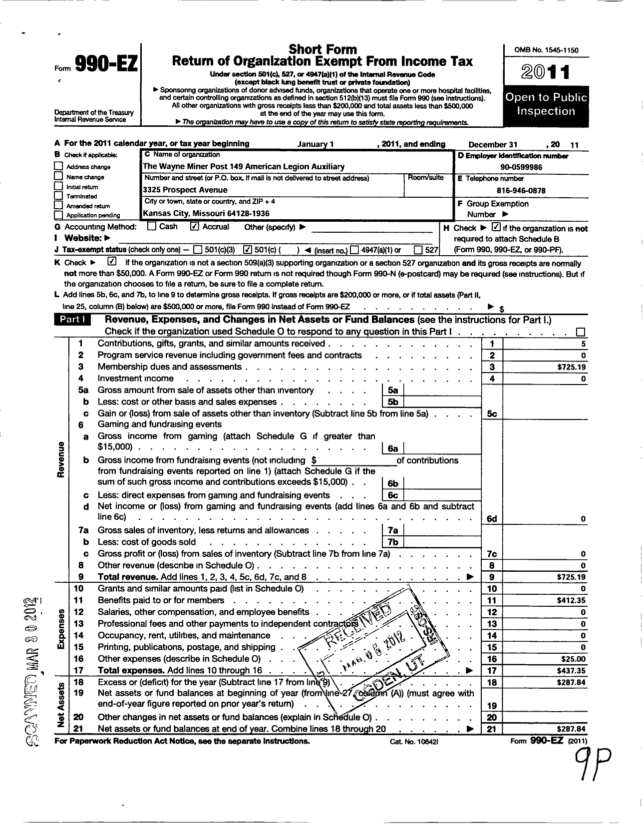 Image of first page of 2011 Form 990EO for American Legion Auxiliary - 149 Wayne Miner