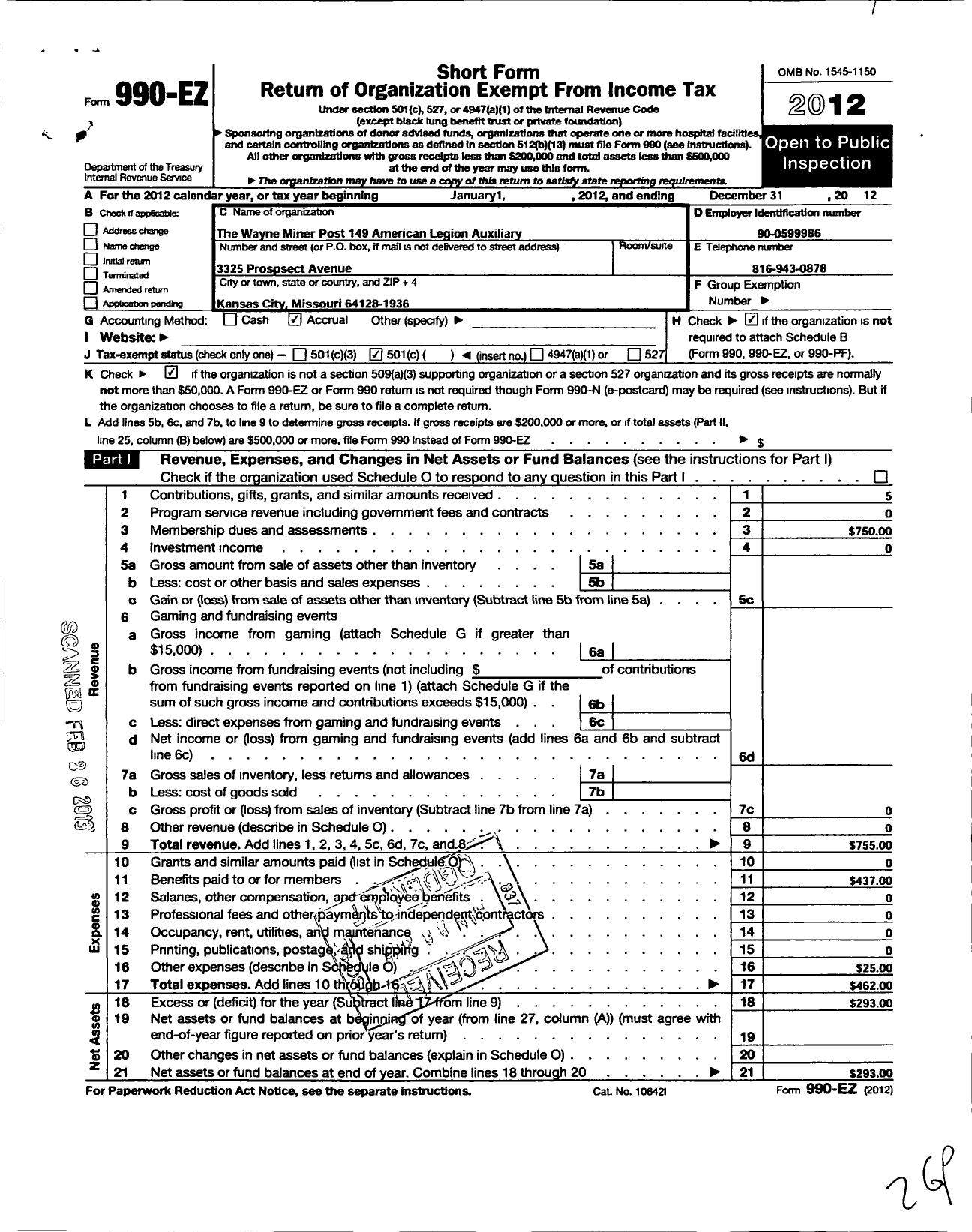 Image of first page of 2012 Form 990EO for American Legion Auxiliary - 149 Wayne Miner