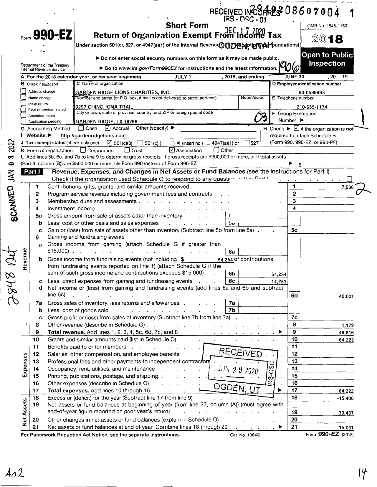 Image of first page of 2018 Form 990EZ for Garden Ridge Lions Charities