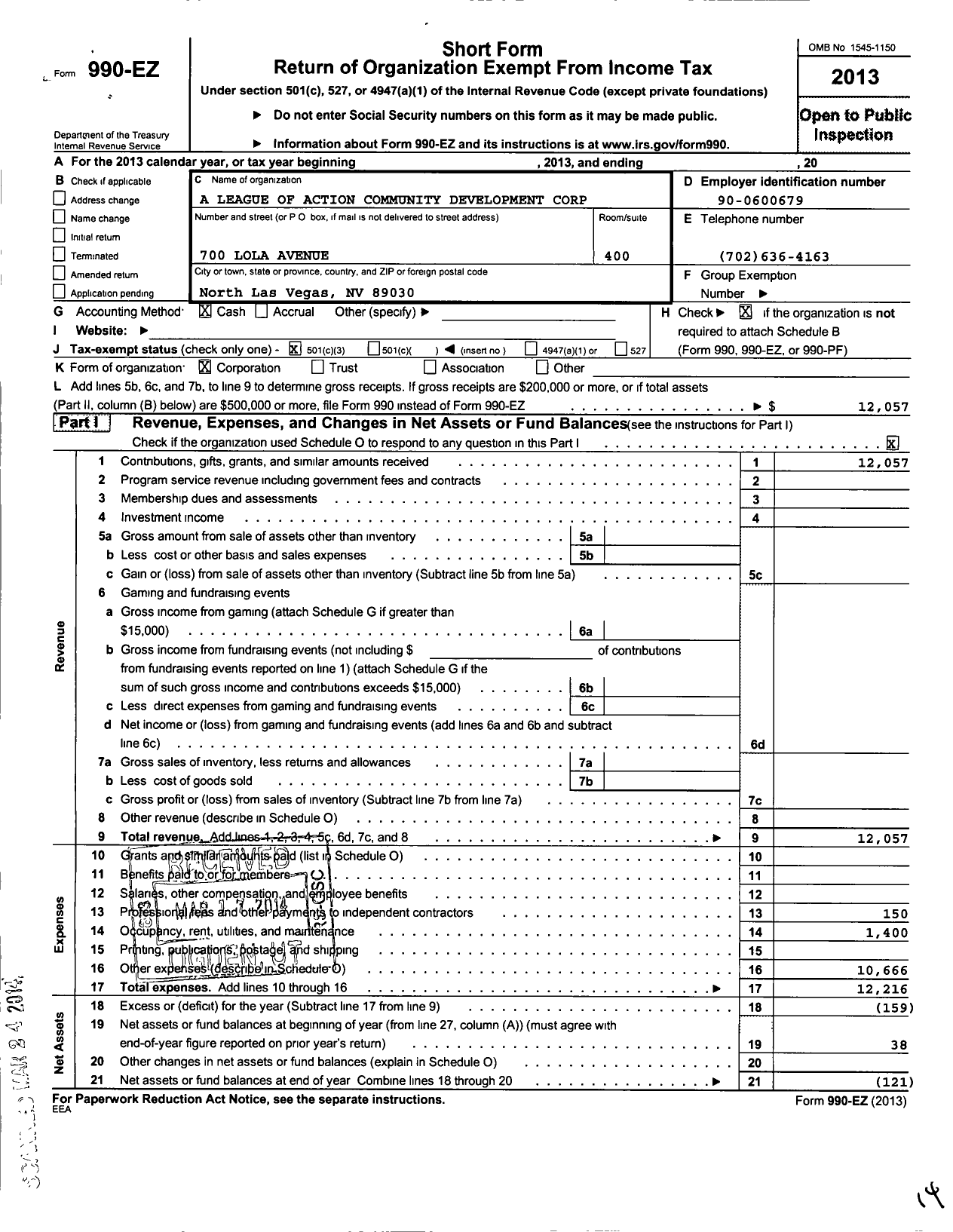 Image of first page of 2013 Form 990EZ for A League of Action Community Development Corporation