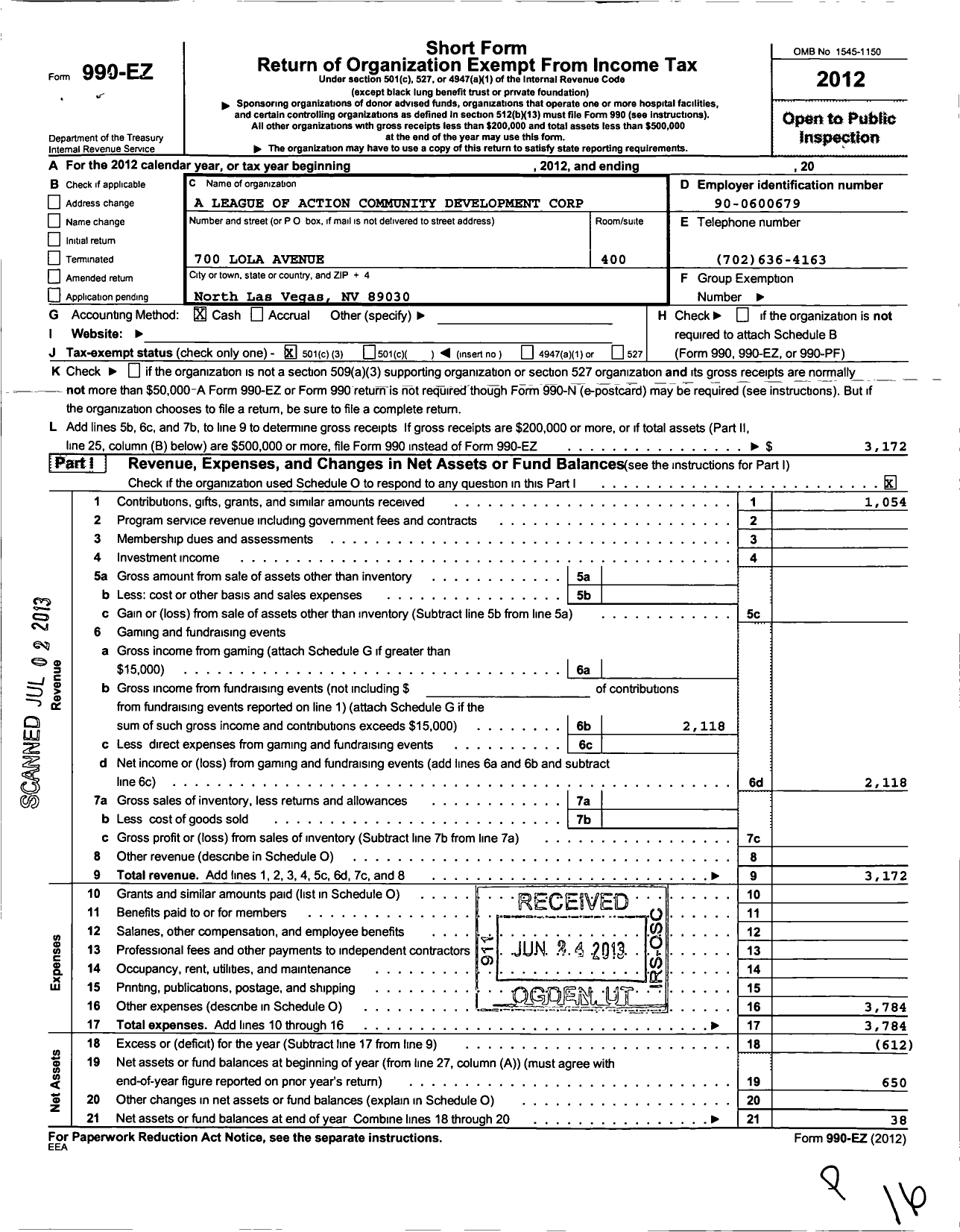 Image of first page of 2012 Form 990EZ for A League of Action Community Development Corporation