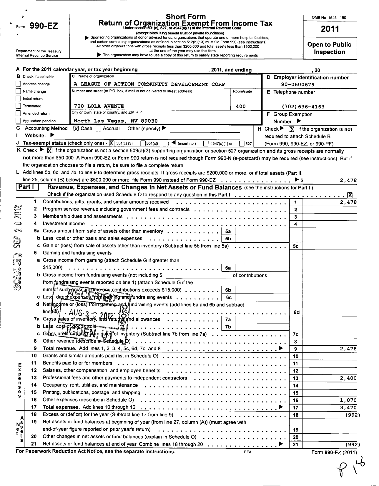 Image of first page of 2011 Form 990EZ for A League of Action Community Development Corporation