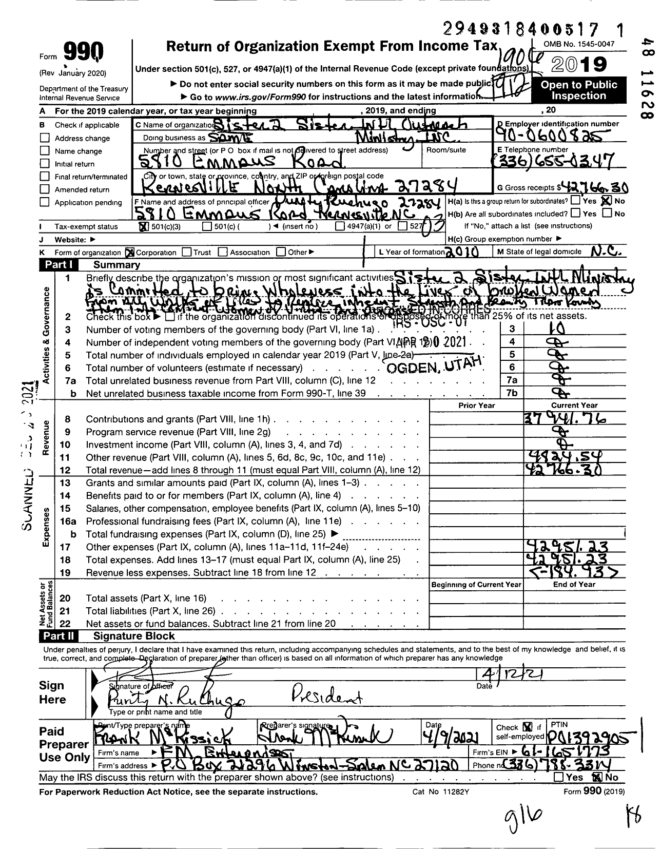 Image of first page of 2018 Form 990 for Sister 2 Sister International Outreach Ministry