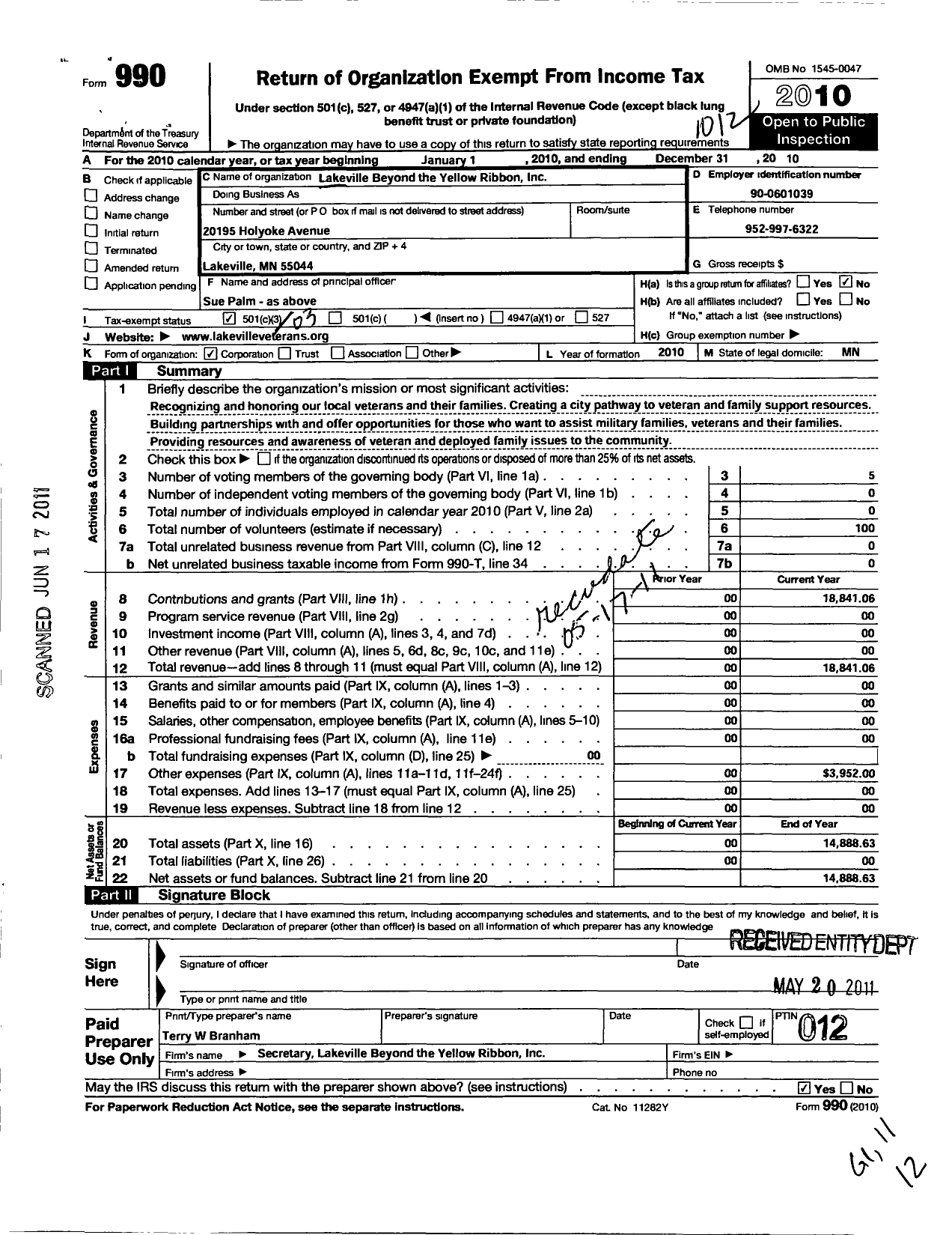 Image of first page of 2010 Form 990 for Lakeville Beyond the Yellow Ribbon