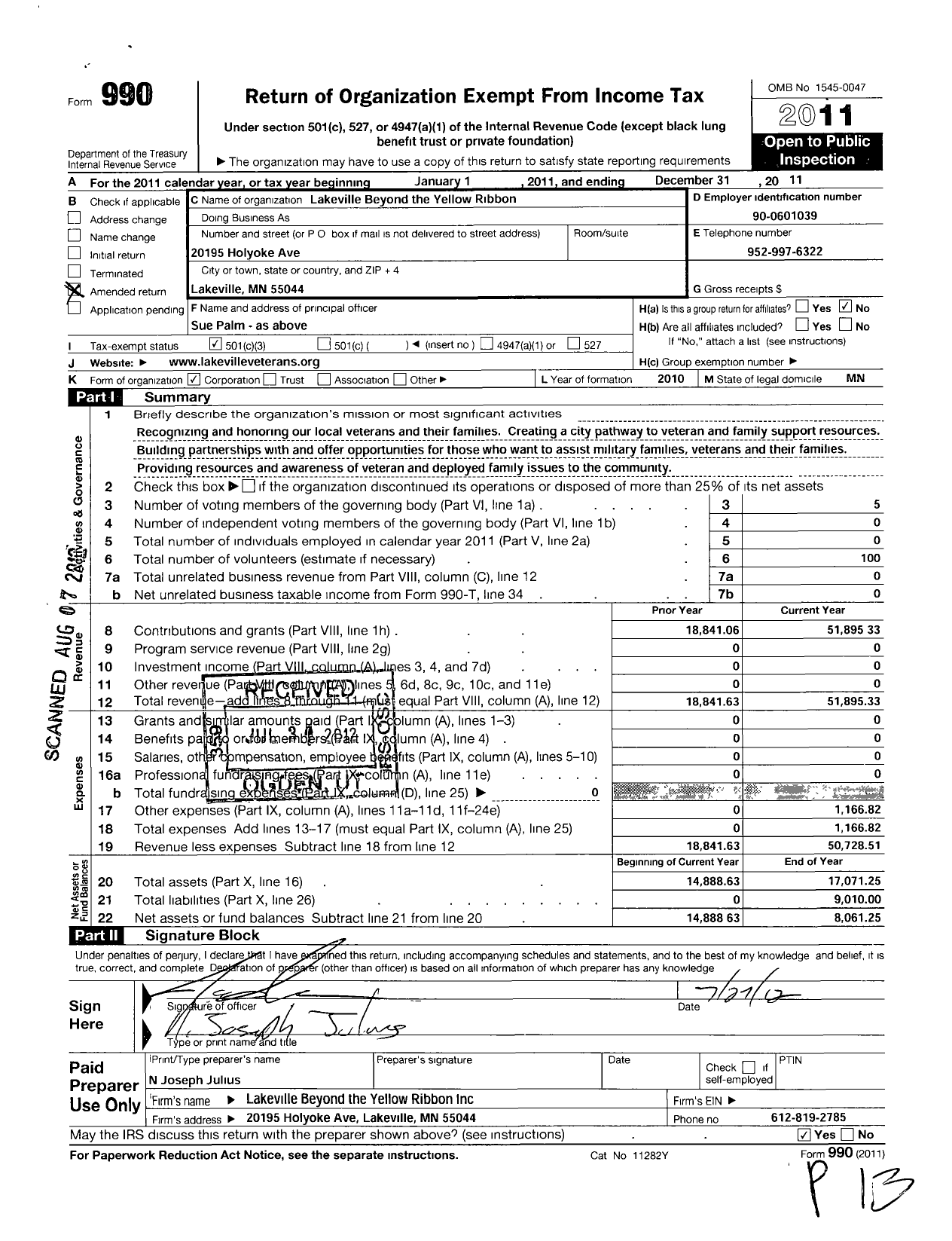 Image of first page of 2011 Form 990 for Lakeville Beyond the Yellow Ribbon