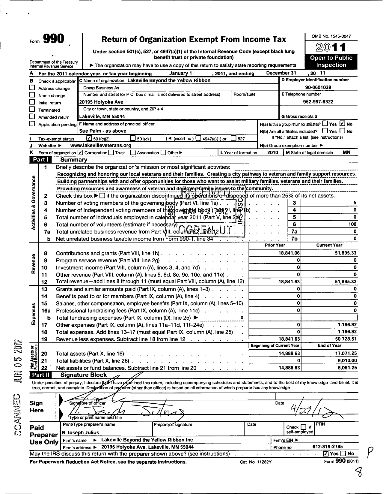 Image of first page of 2011 Form 990 for Lakeville Beyond the Yellow Ribbon