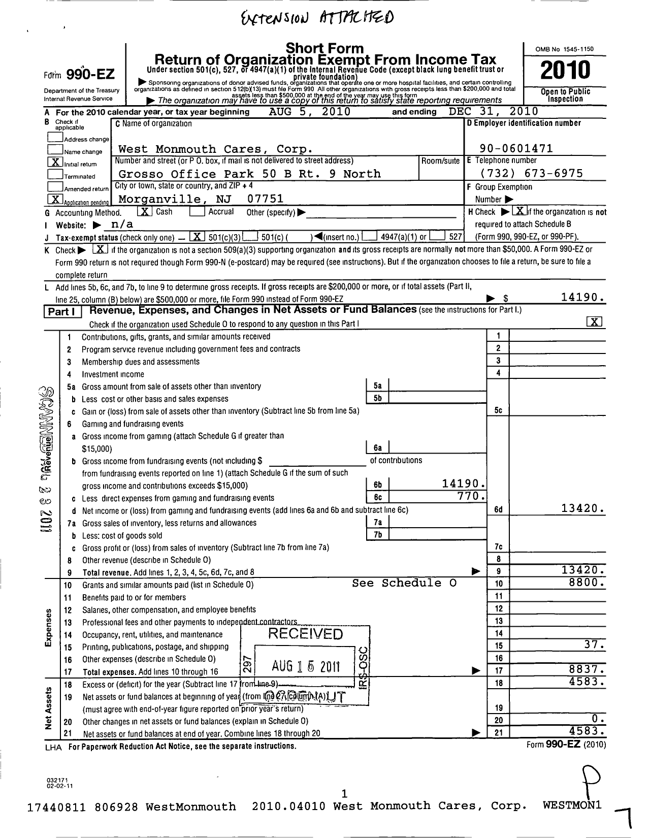 Image of first page of 2010 Form 990EZ for West Monmouth Cares Corporation