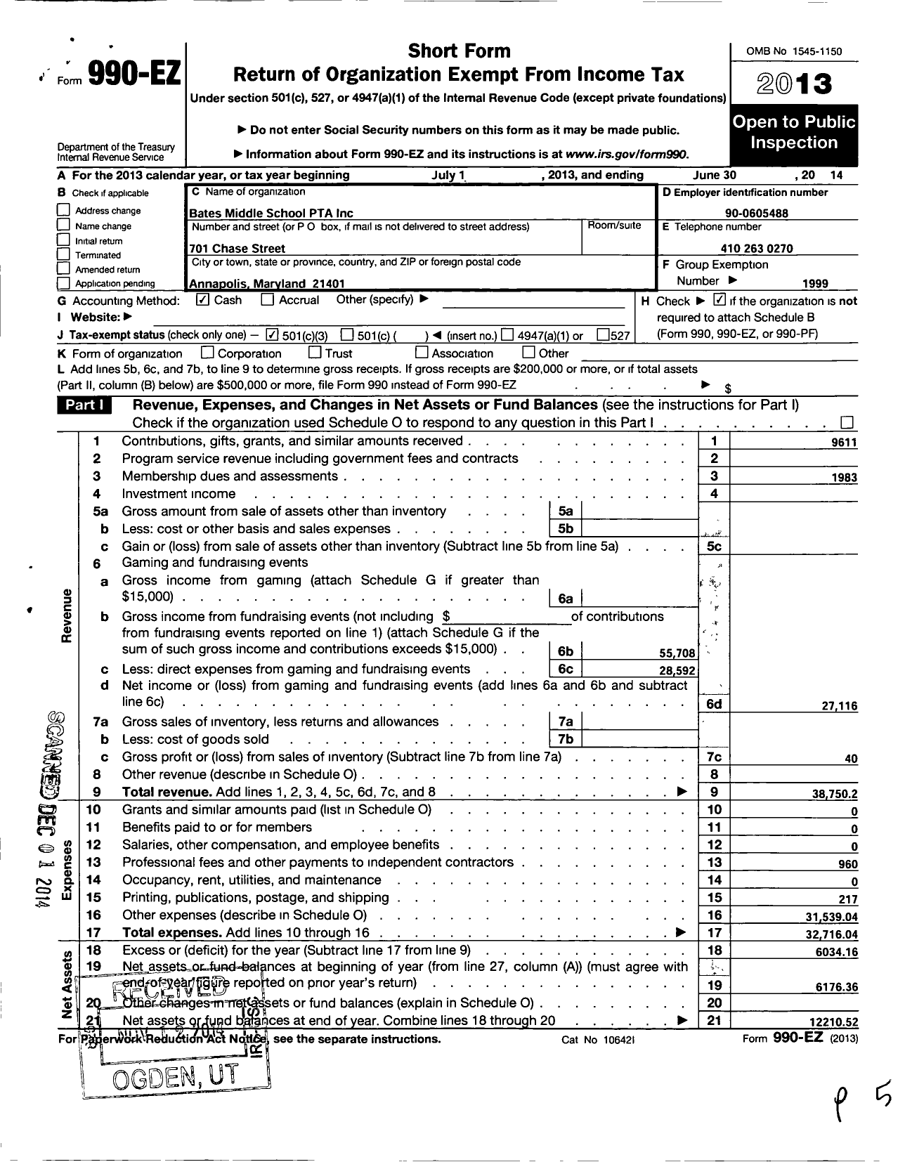 Image of first page of 2013 Form 990EZ for Bates Middle School PTA