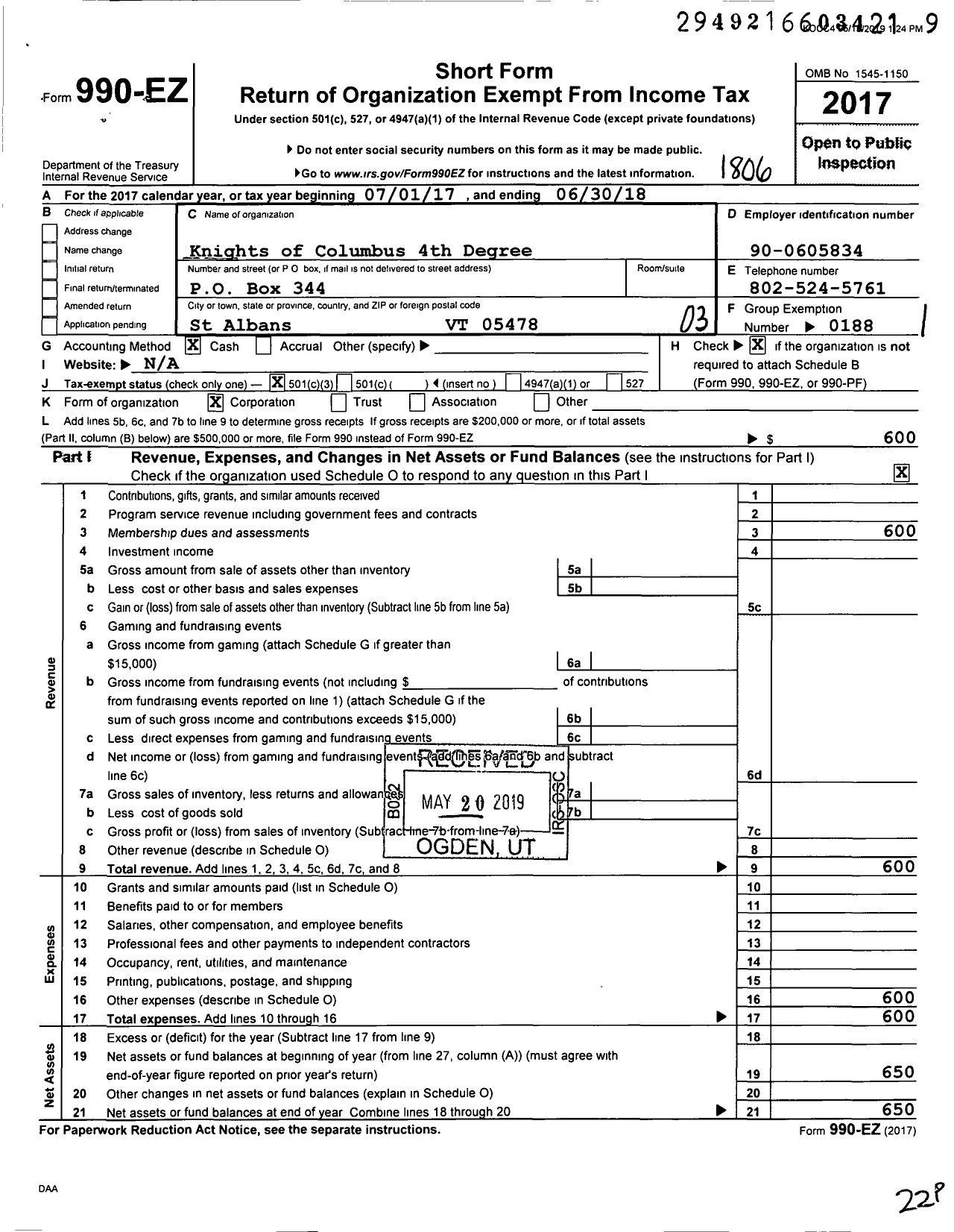 Image of first page of 2017 Form 990EZ for Knights of Columbus - 1149 St Albans Assembly