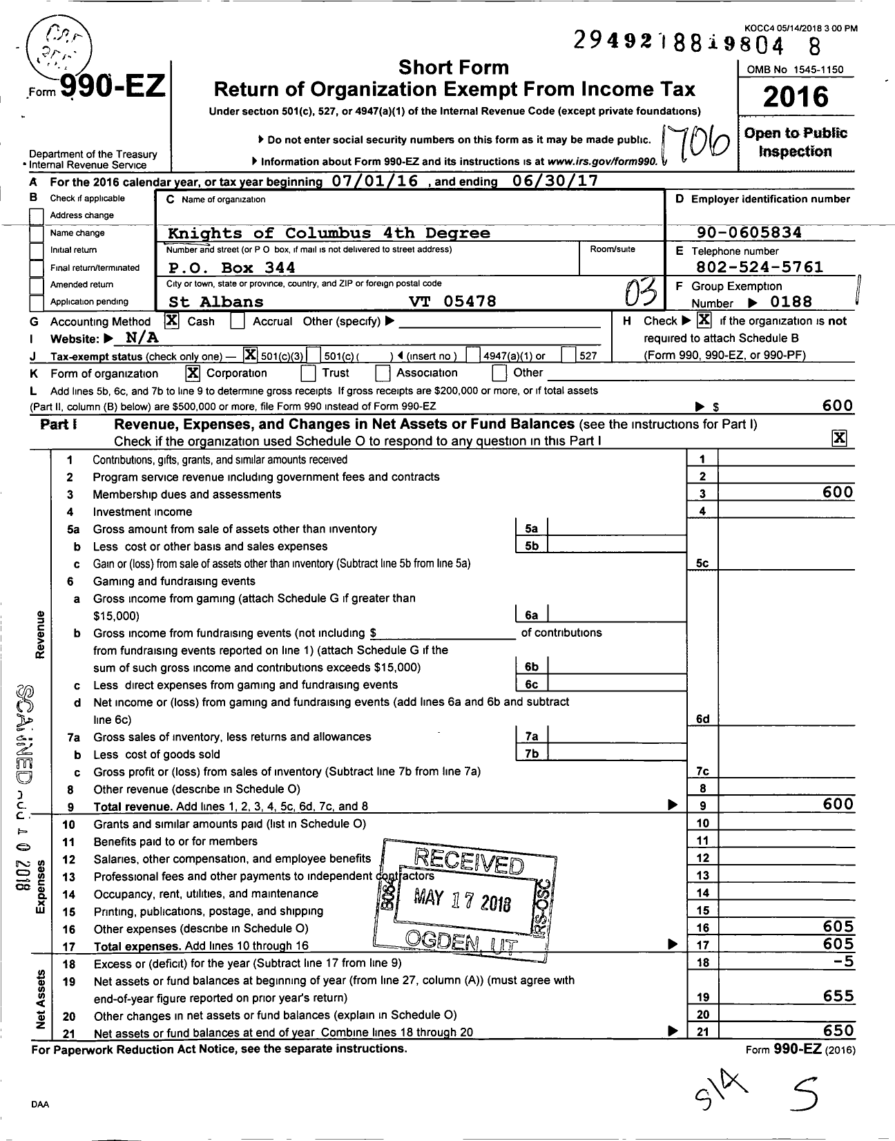 Image of first page of 2016 Form 990EZ for Knights of Columbus - 1149 St Albans Assembly