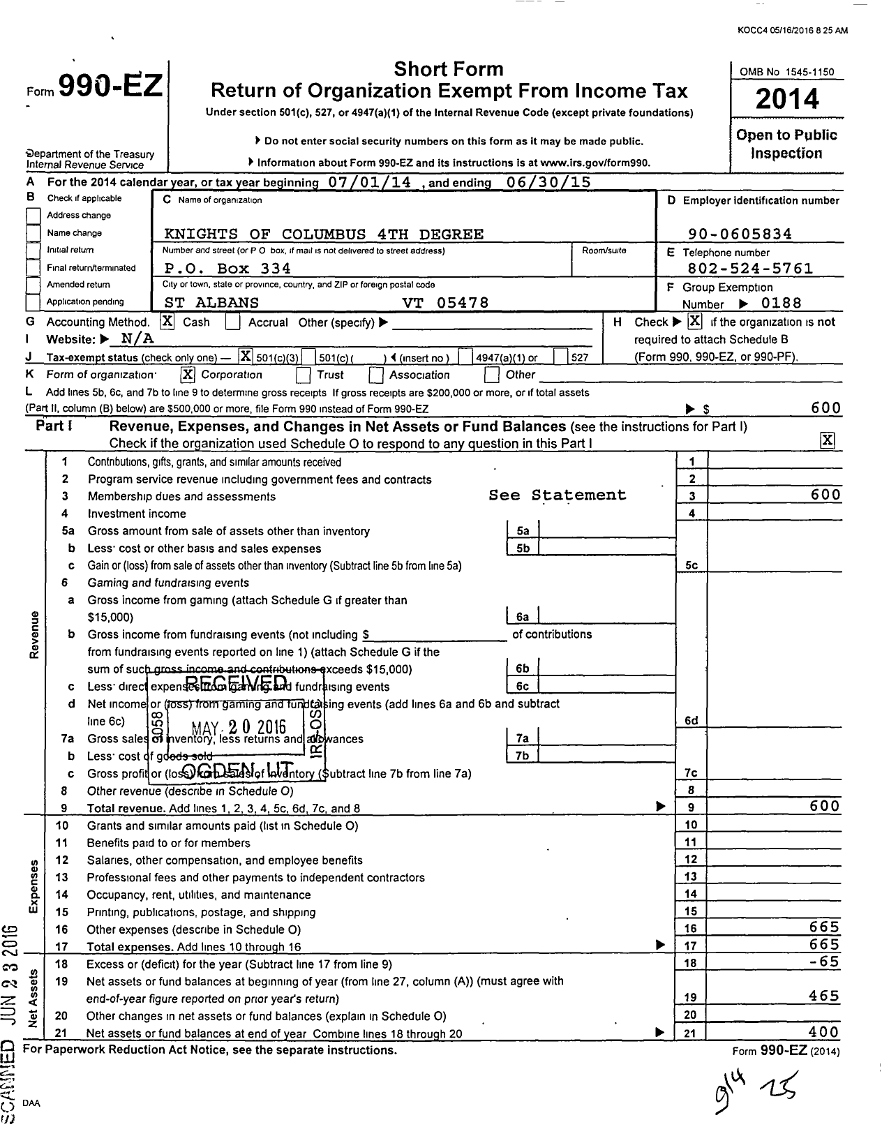 Image of first page of 2014 Form 990EZ for Knights of Columbus - 1149 St Albans Assembly