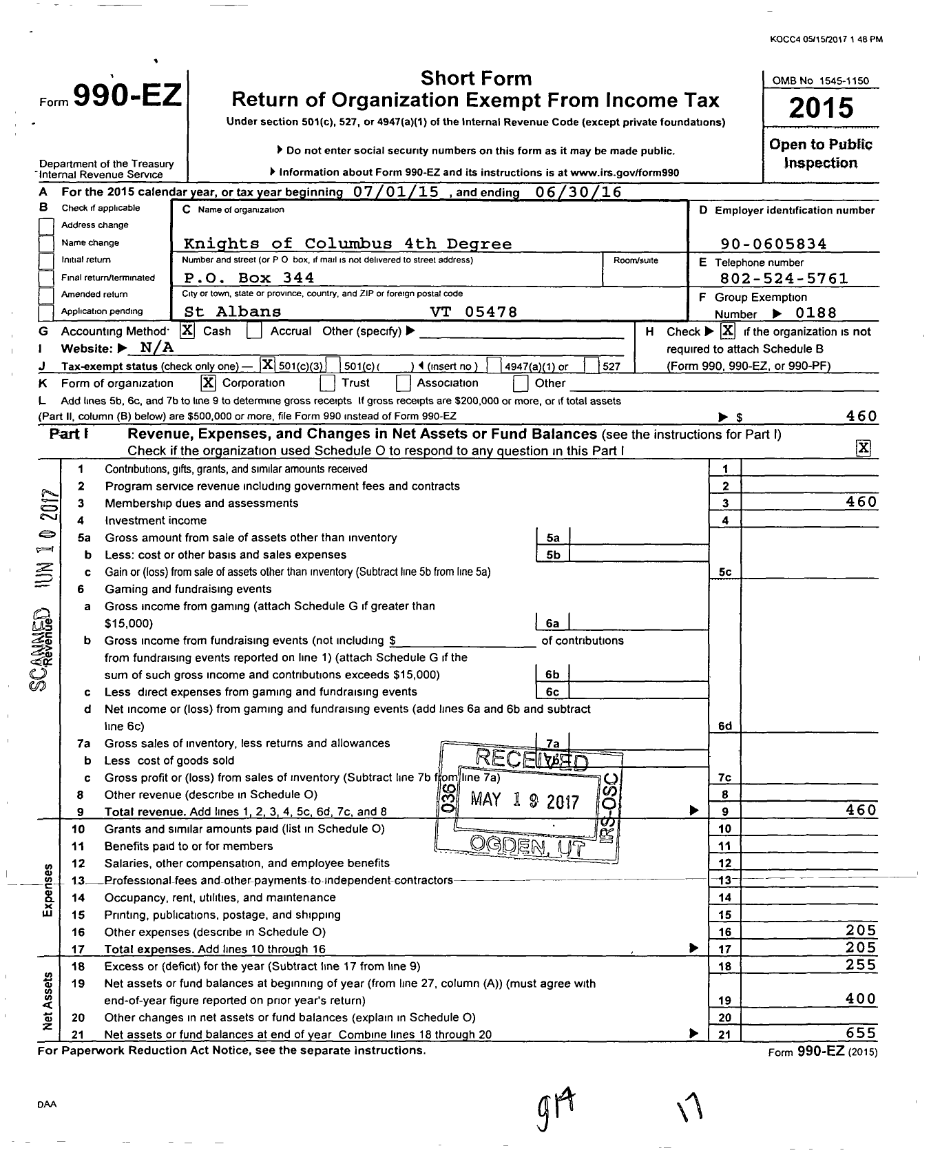 Image of first page of 2015 Form 990EZ for Knights of Columbus - 1149 St Albans Assembly