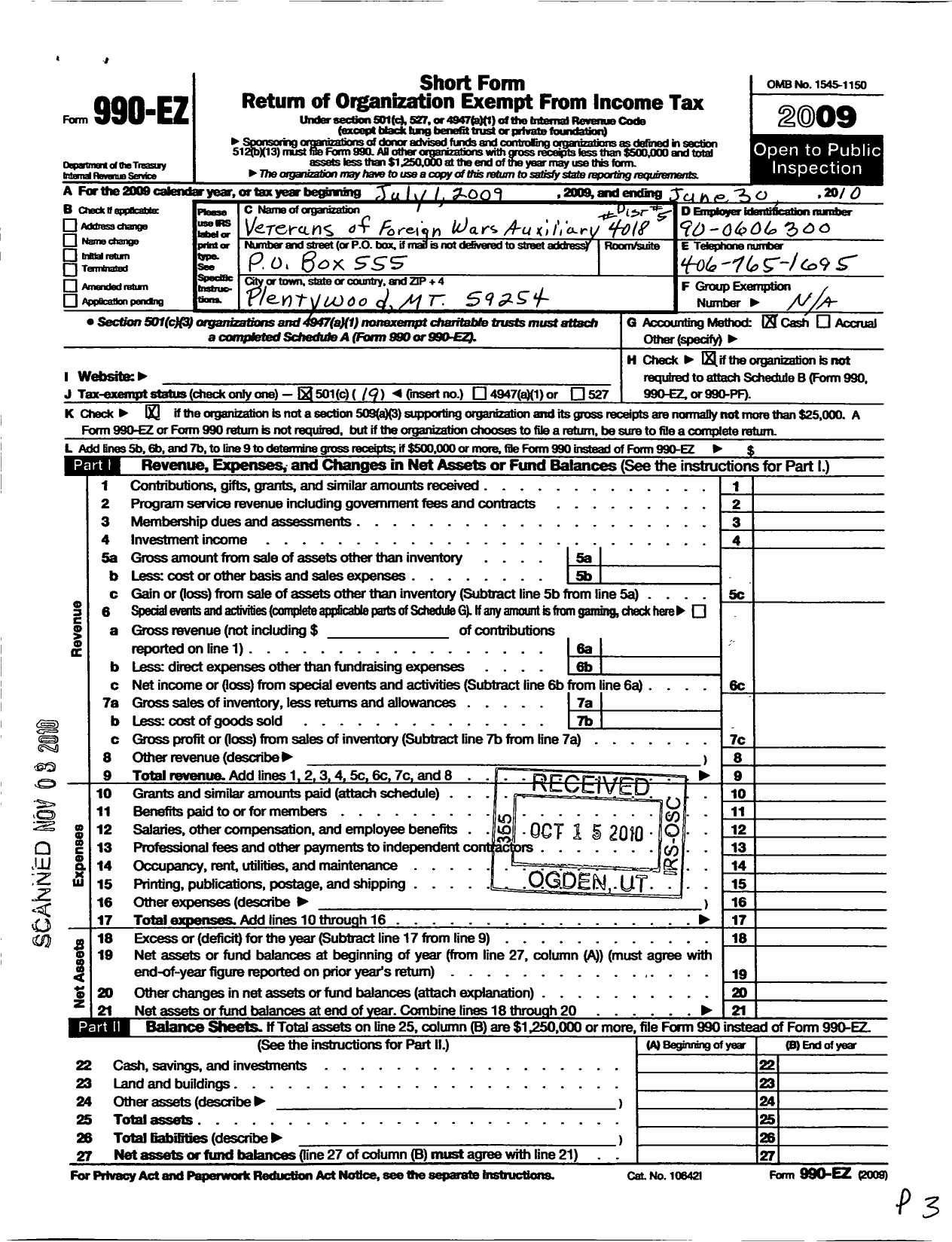 Image of first page of 2009 Form 990EO for Department of Montana Ladies Auxiliary To the VFW of the U S - 4018 Butch Leibach Ladies Auxiliary