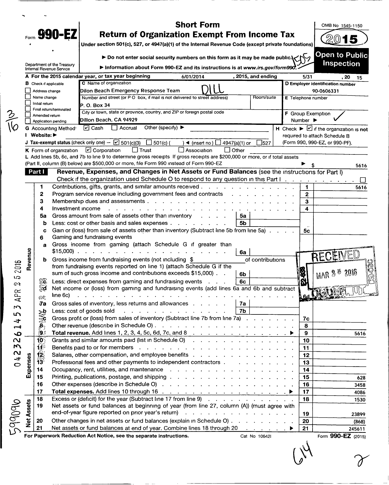 Image of first page of 2014 Form 990EZ for Dillon Beach Emergency Response Team (DBERT)