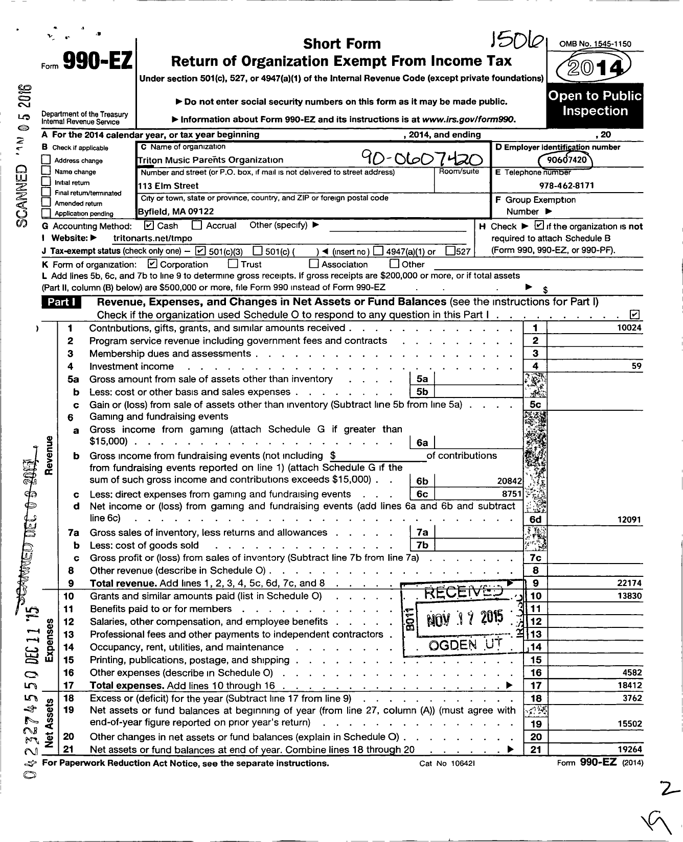 Image of first page of 2014 Form 990EZ for Triton Music Parents Organization