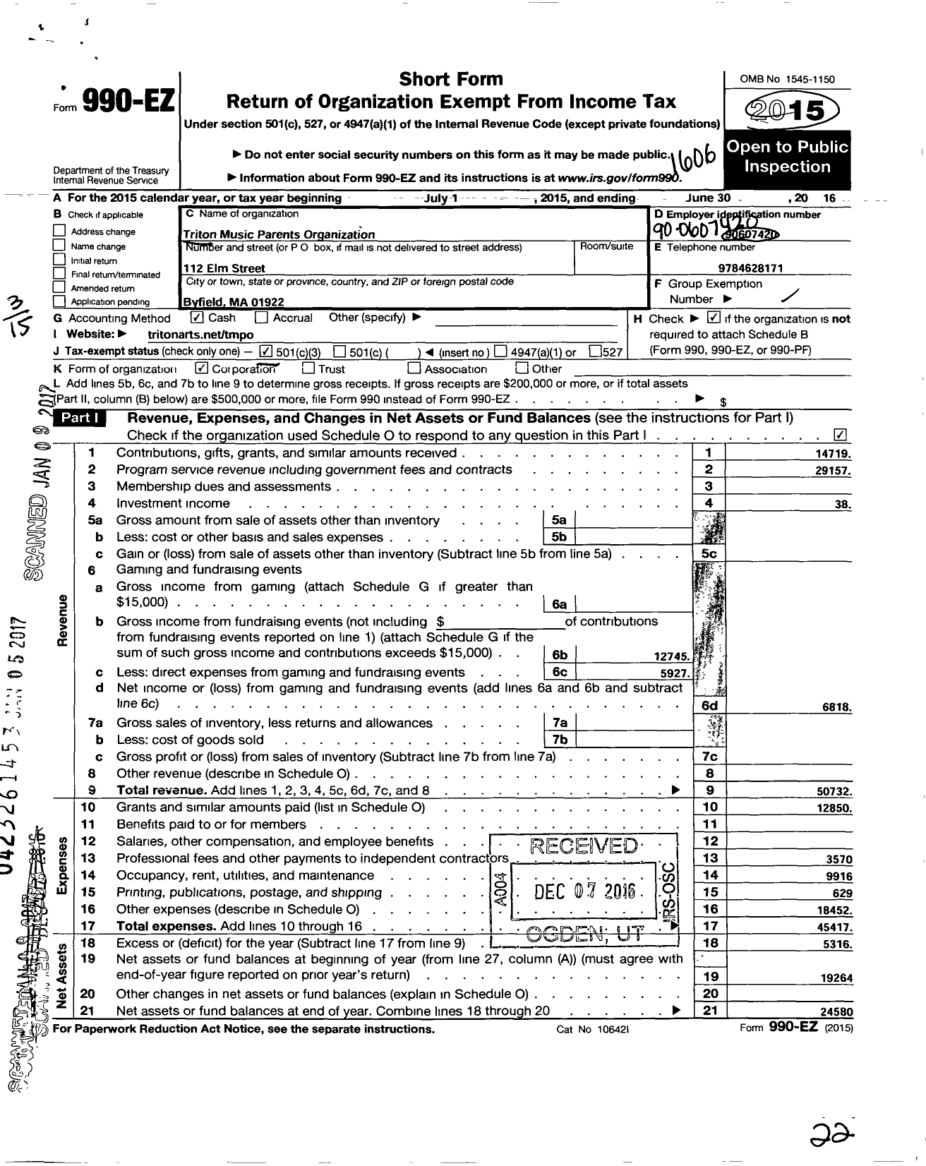 Image of first page of 2015 Form 990EZ for Triton Music Parents Organization