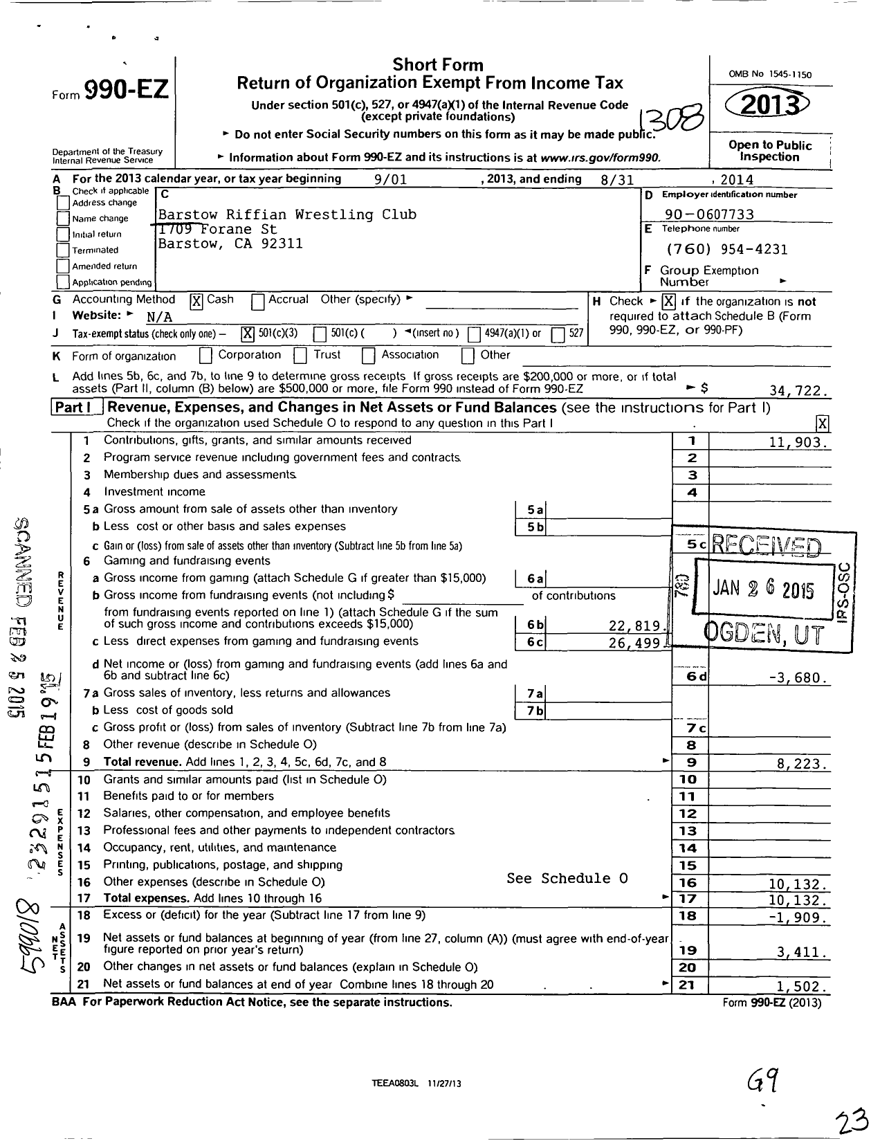 Image of first page of 2013 Form 990EZ for Barstow Riffian Wrestling Club