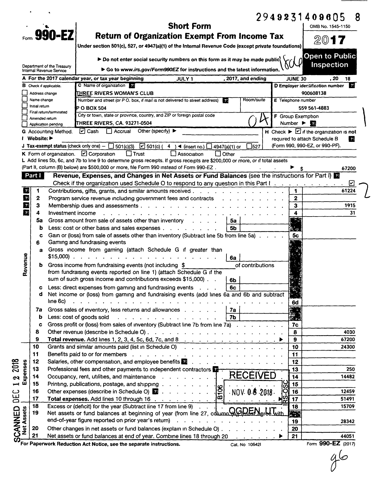 Image of first page of 2017 Form 990EO for Three Rivers Womens Club