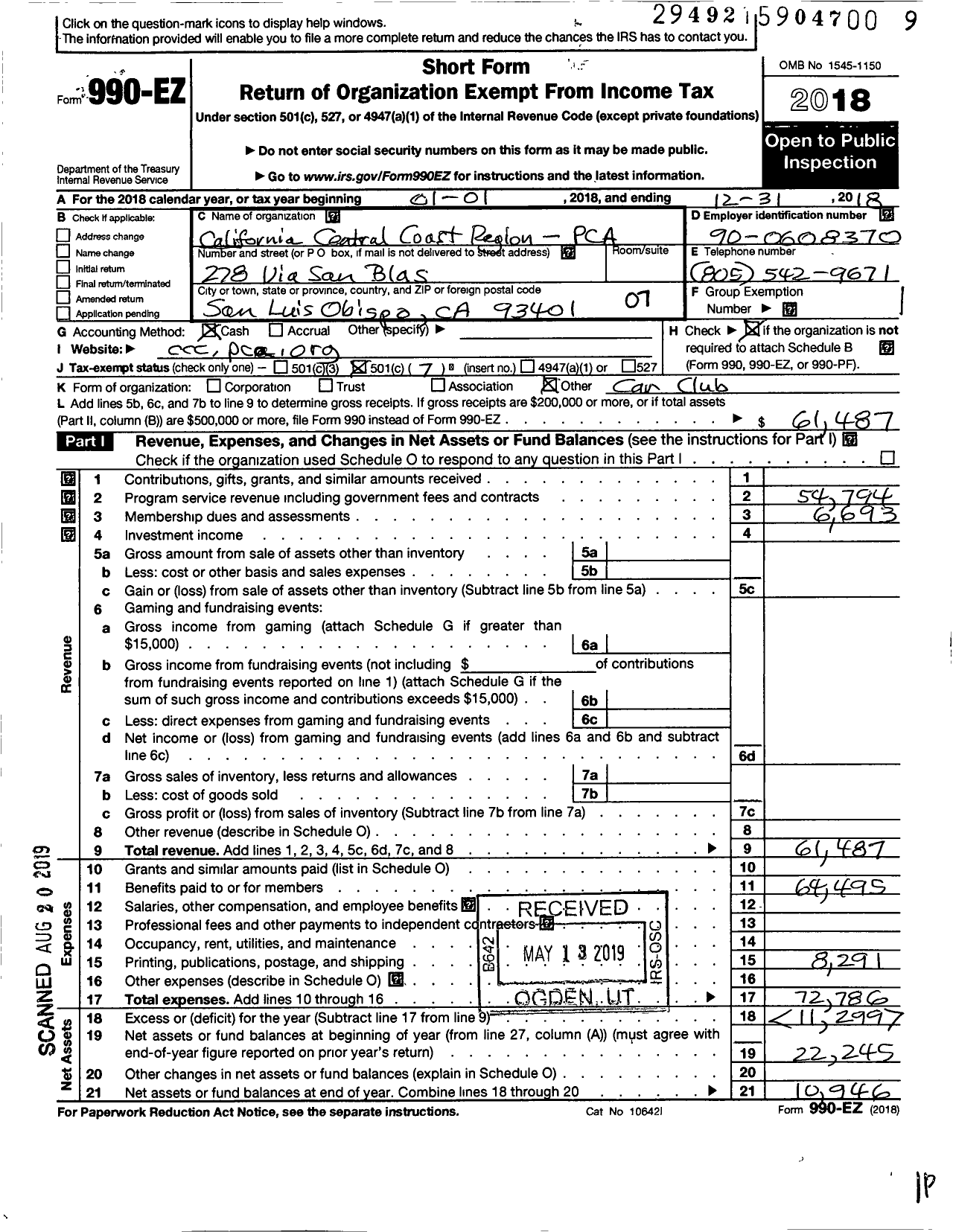 Image of first page of 2018 Form 990EO for California Central Coast Region Porsche Club of America