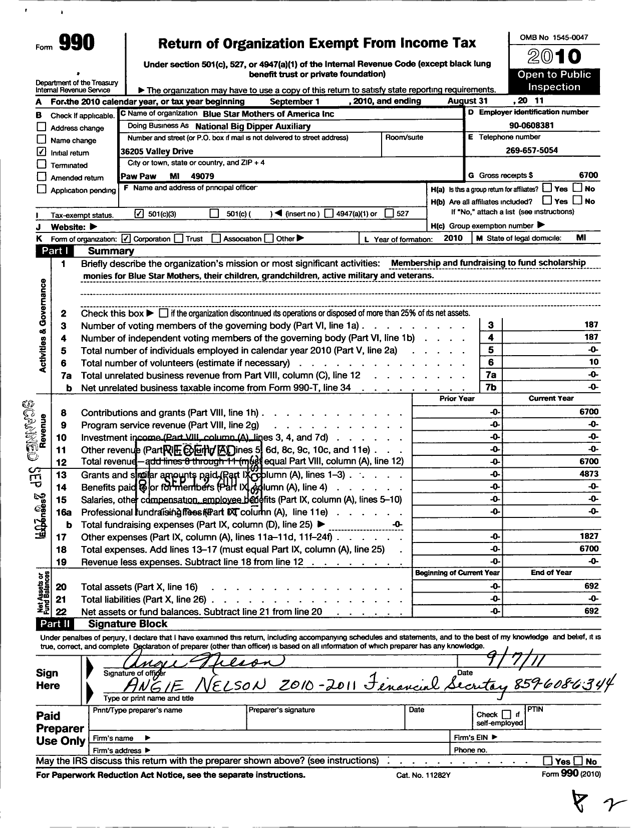 Image of first page of 2010 Form 990 for Blue Star Mothers of America / National Big Dipper Auxiliary