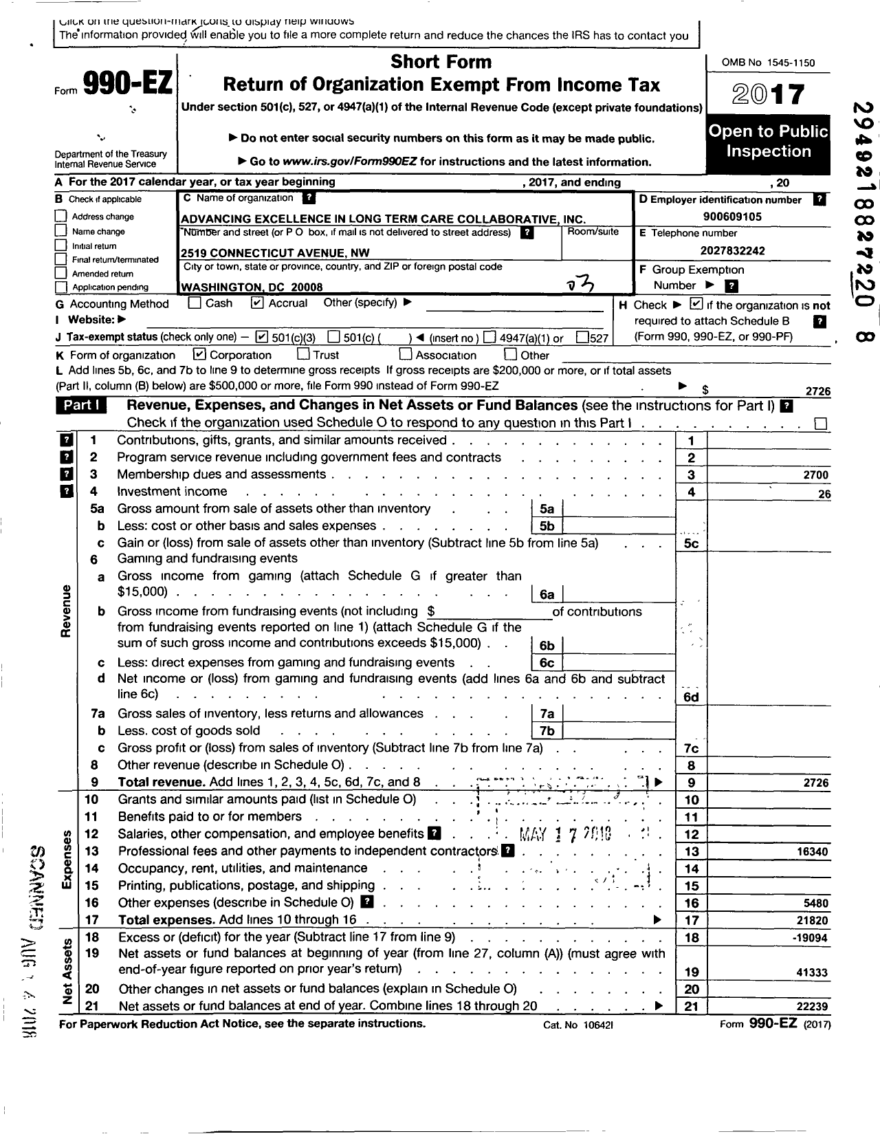 Image of first page of 2017 Form 990EZ for Advancing Excellence in Long Term Care Collaborative