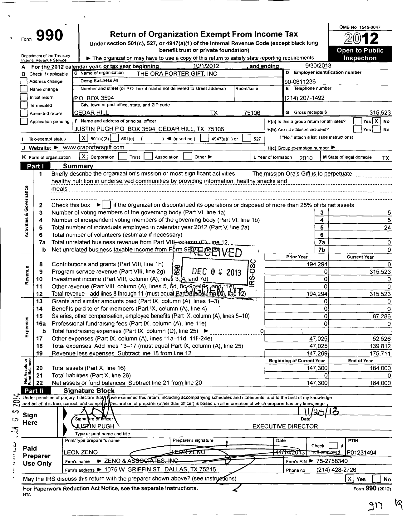 Image of first page of 2012 Form 990 for The Ora Porter Gift