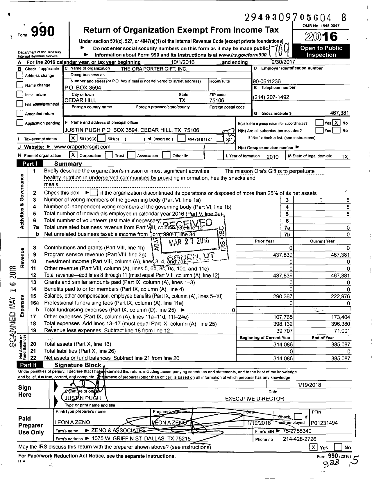 Image of first page of 2016 Form 990 for The Ora Porter Gift