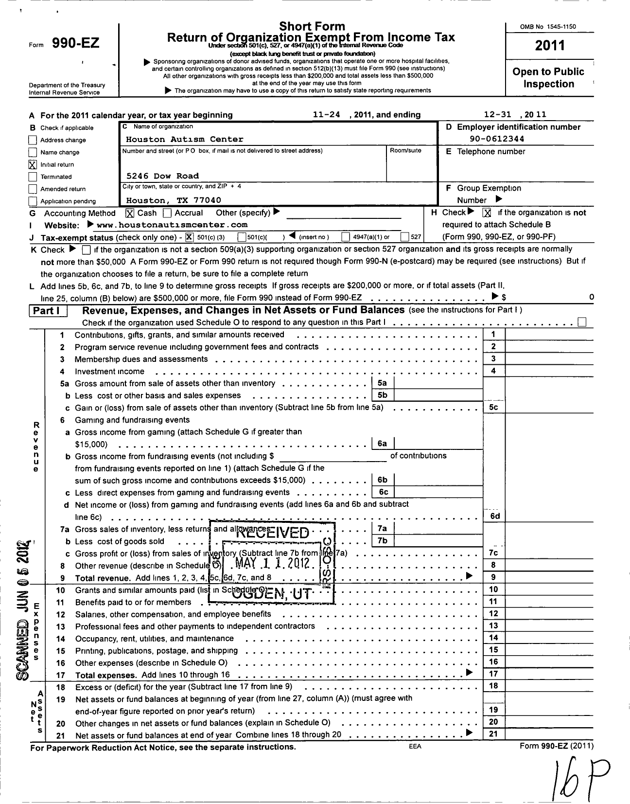 Image of first page of 2011 Form 990EZ for Houston Autism Center