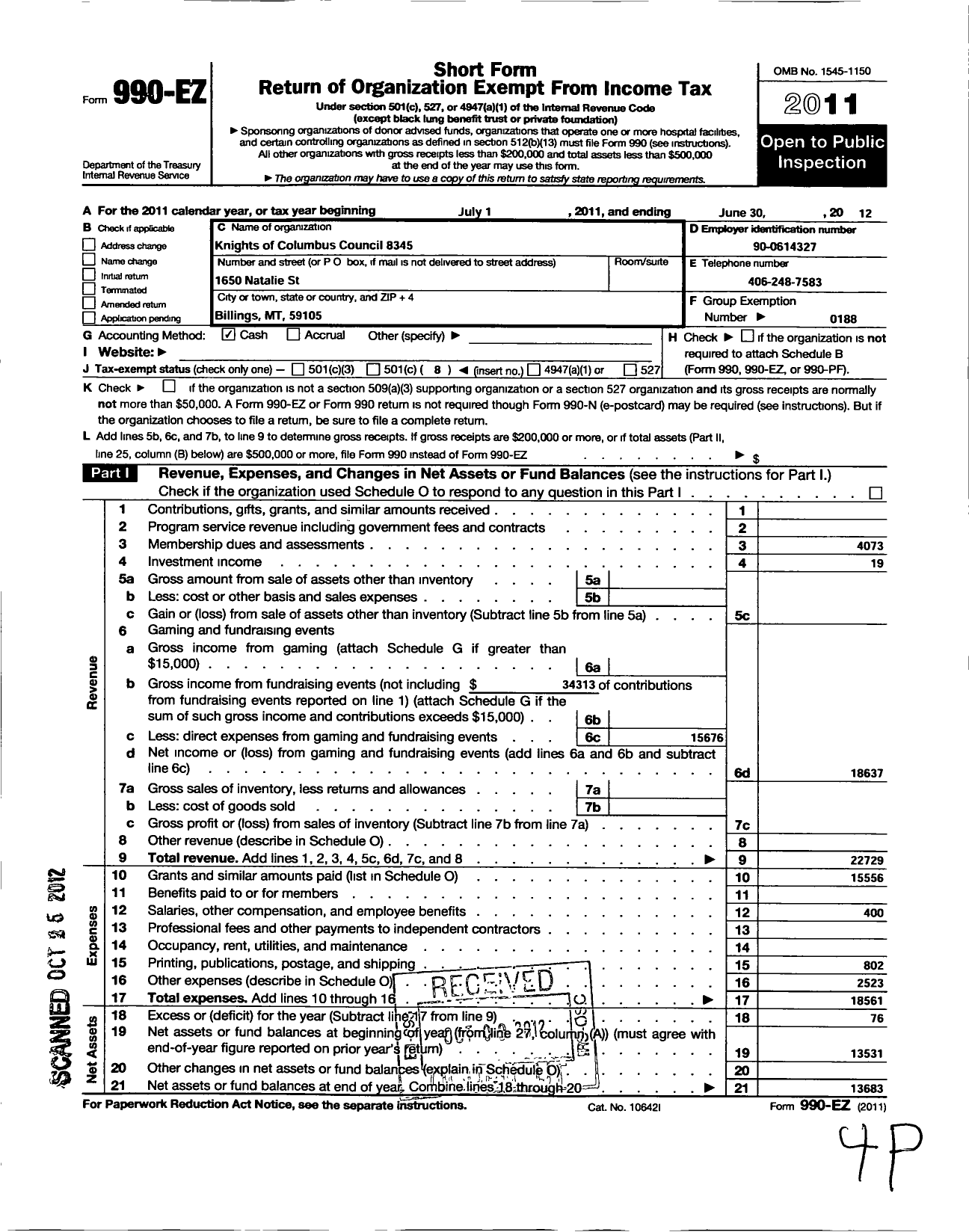 Image of first page of 2011 Form 990EO for Knights of Columbus - 8345 Billing Heights Council