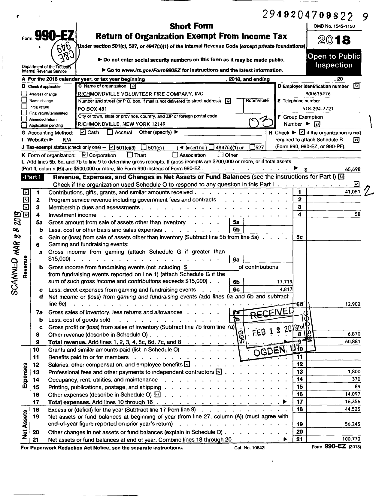 Image of first page of 2018 Form 990EZ for Richmondville Volunteer Fire Company