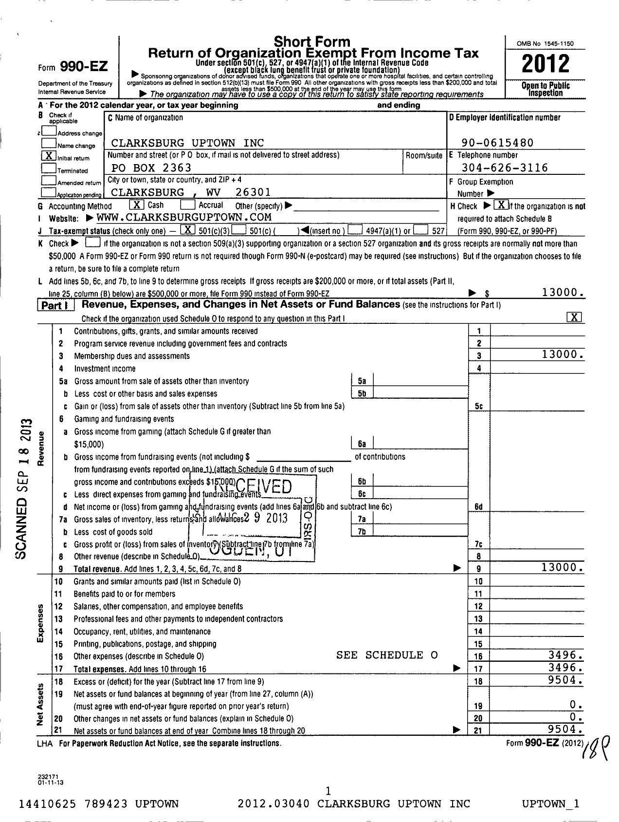 Image of first page of 2012 Form 990EZ for Clarksburg Uptown