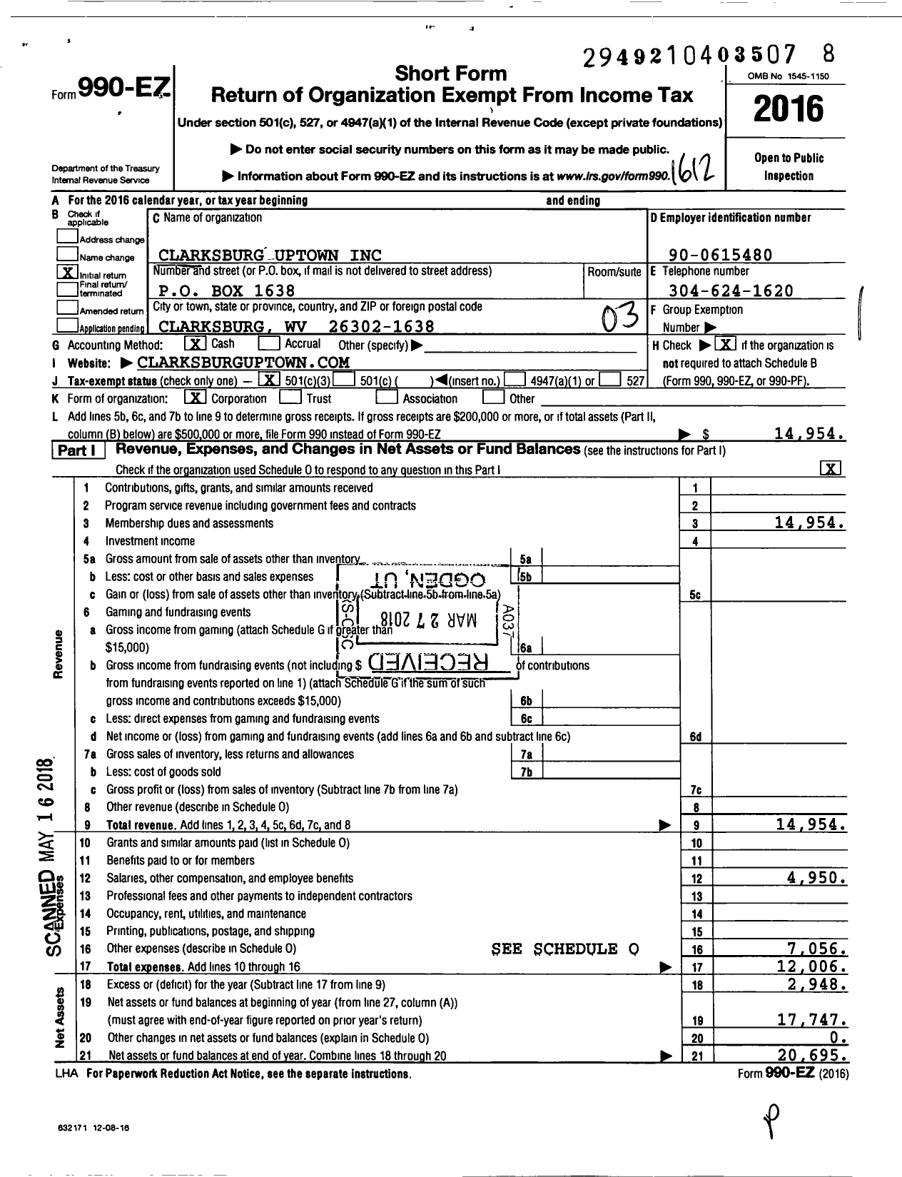 Image of first page of 2016 Form 990EZ for Clarksburg Uptown