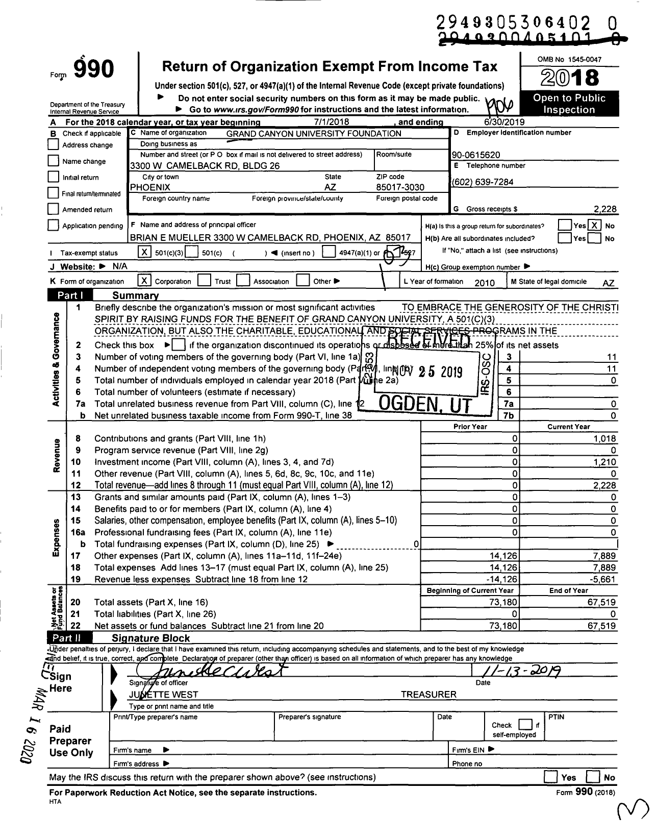 Image of first page of 2018 Form 990 for Grand Canyon University Foundation