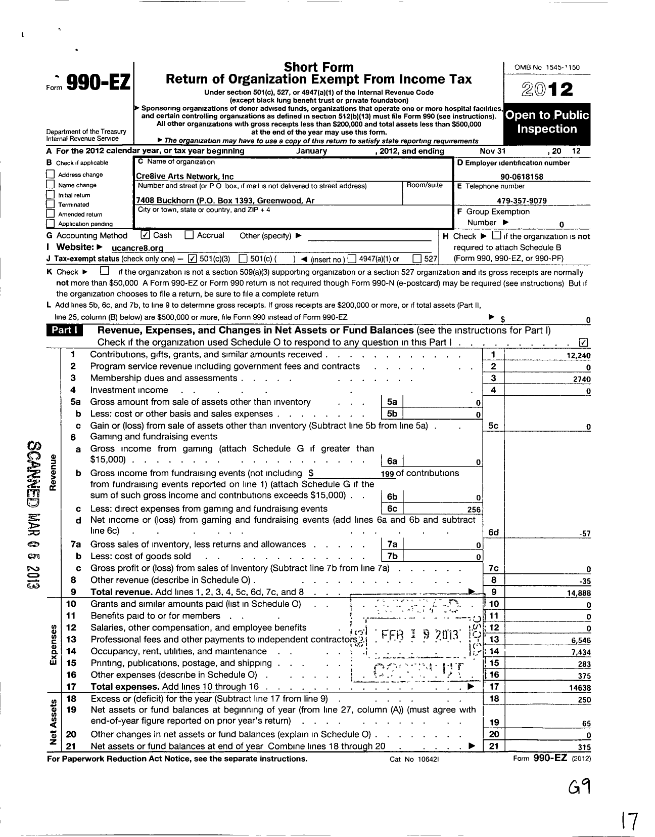 Image of first page of 2011 Form 990EZ for Cre8ive Arts Network