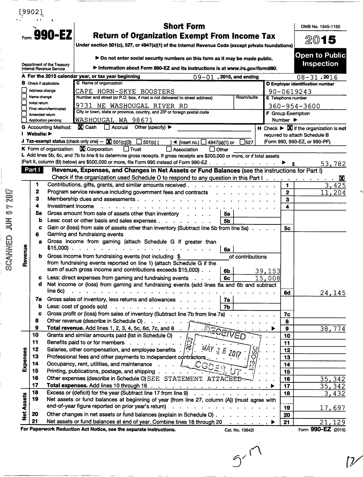 Image of first page of 2015 Form 990EZ for Cape Horn Skye Elementary Boosters