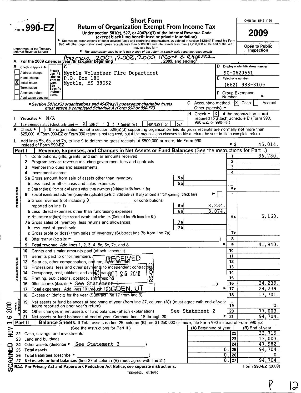 Image of first page of 2009 Form 990EZ for Myrtle Volunteer Fire Department