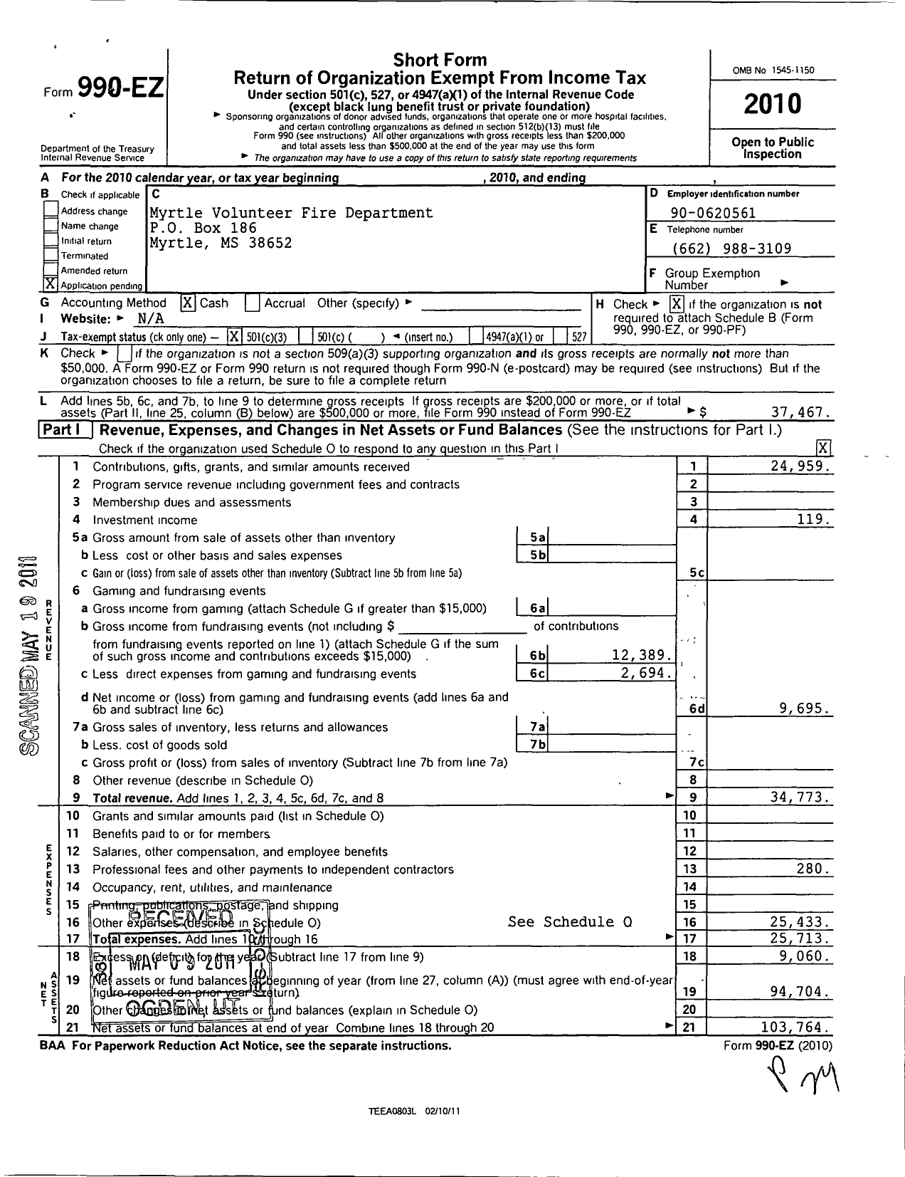 Image of first page of 2010 Form 990EZ for Myrtle Volunteer Fire Department