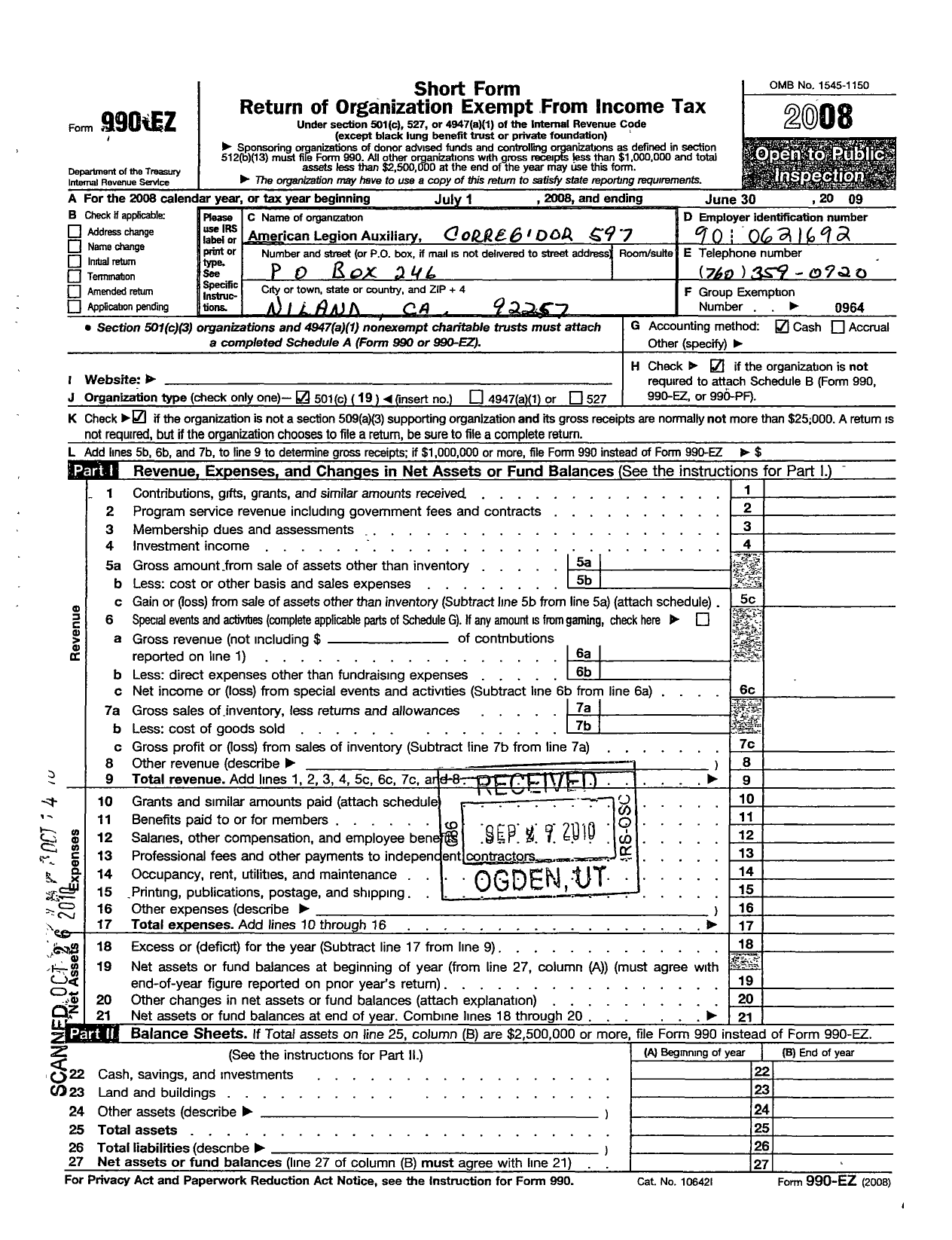 Image of first page of 2008 Form 990EO for American Legion Auxiliary - 597 Corregidor Auxiliary