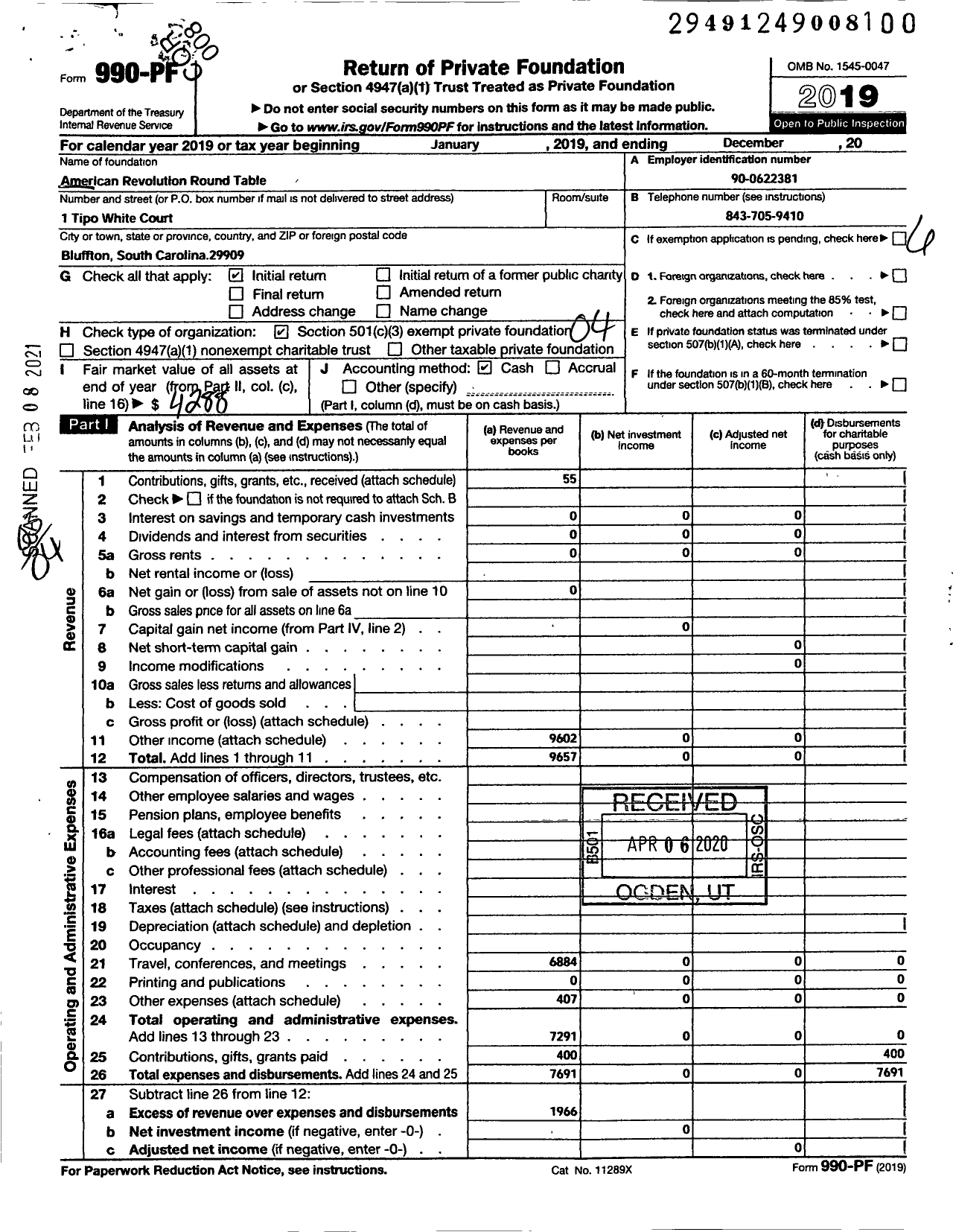 Image of first page of 2019 Form 990PF for American Revolution Round Table SC