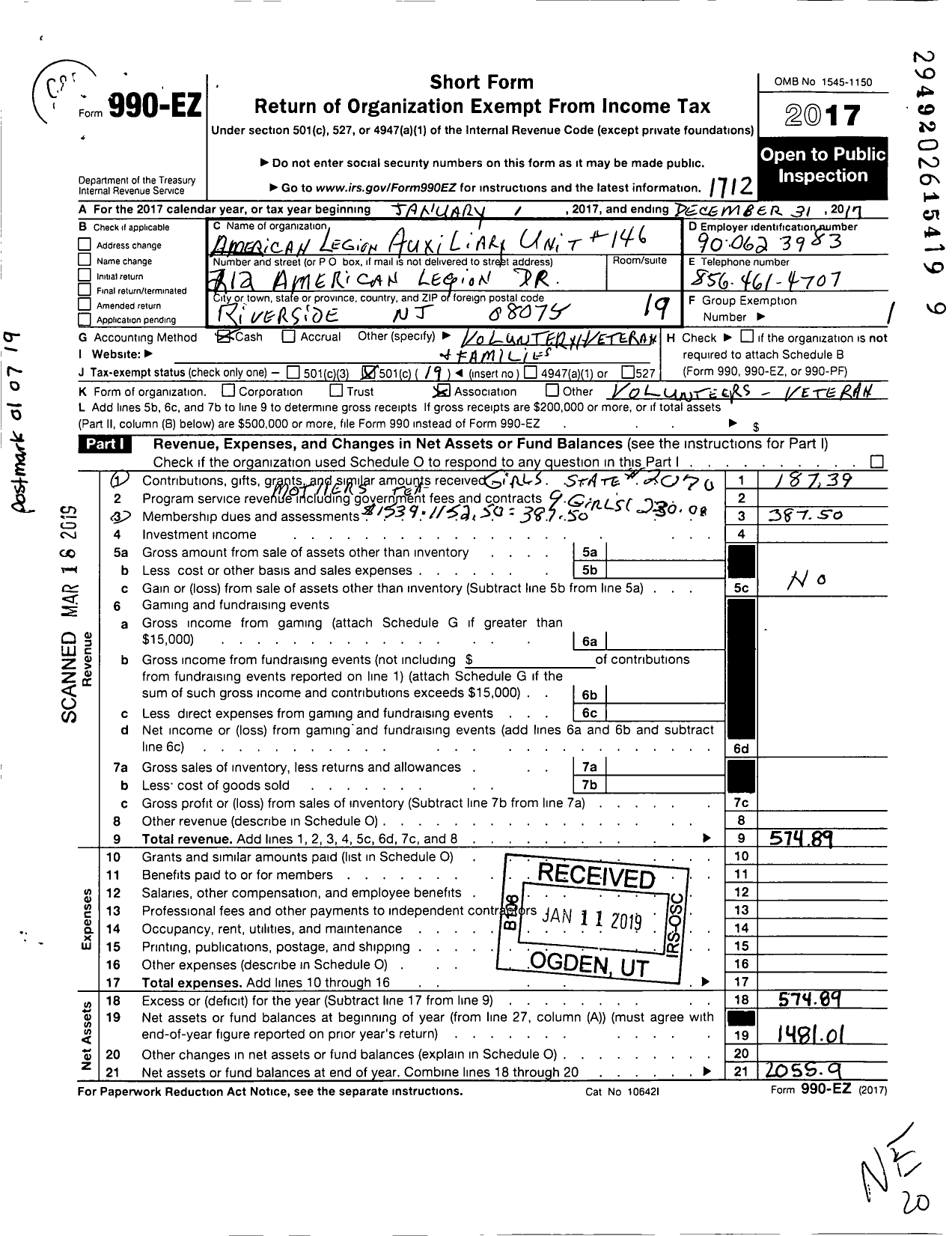 Image of first page of 2017 Form 990EO for American Legion Auxiliary Unit 146